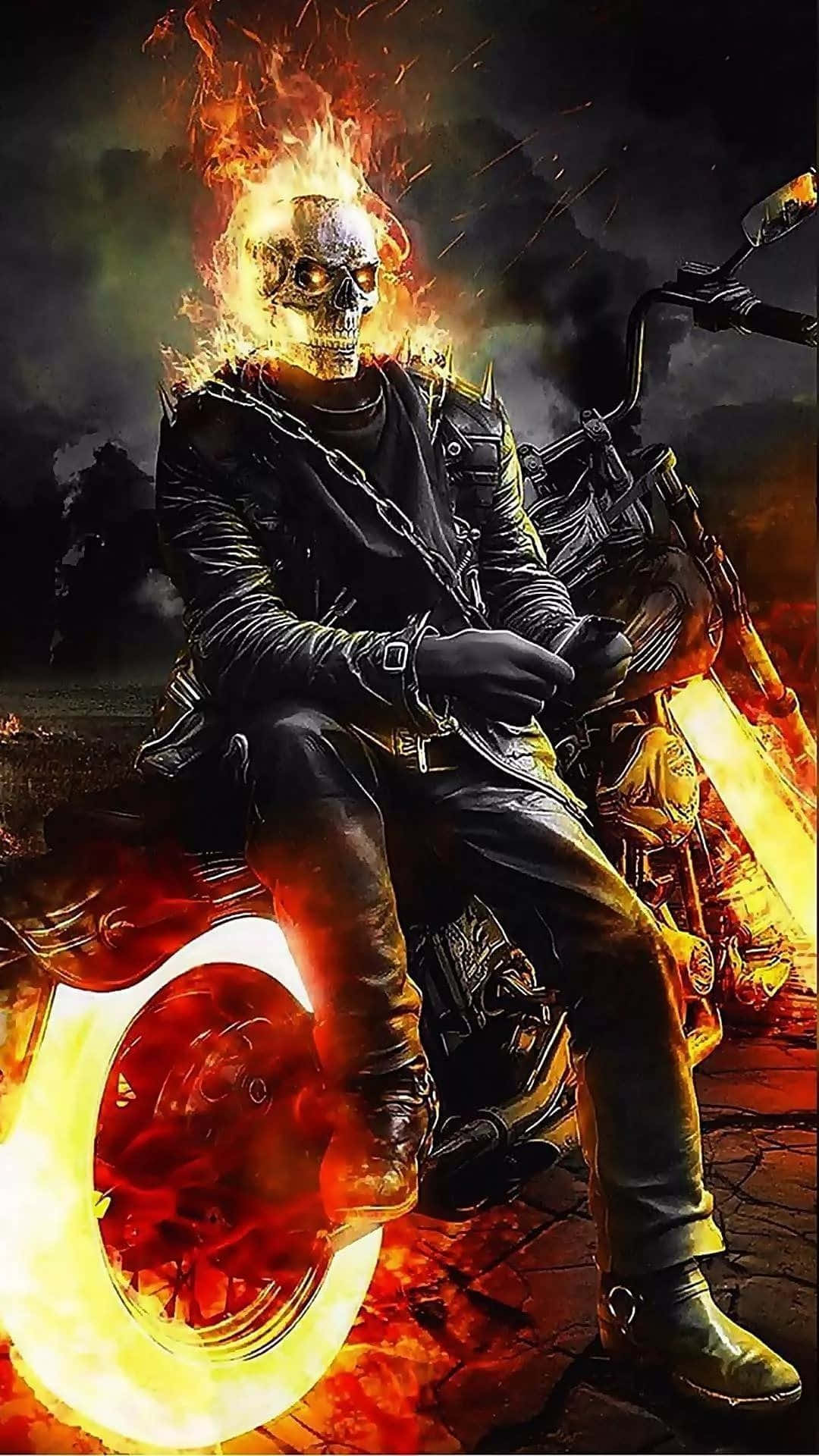 鬼 Rider 桌布 壁紙 — 一個身穿皮甲的火焰骷髏騎士，在黑暗煙霧繚繞的背景中，跨坐在一輛燃燒的電單車上。