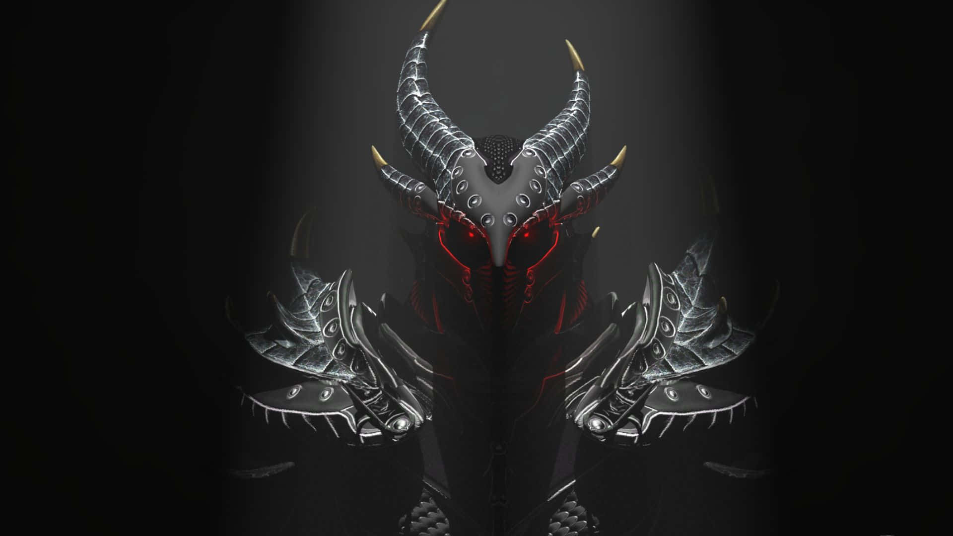 Skyrim Daedric 桌布 壁紙 — 一個身穿盔甲、帶有發光紅眼和彎曲角的威脅性惡魔，站在陰影黑暗中。