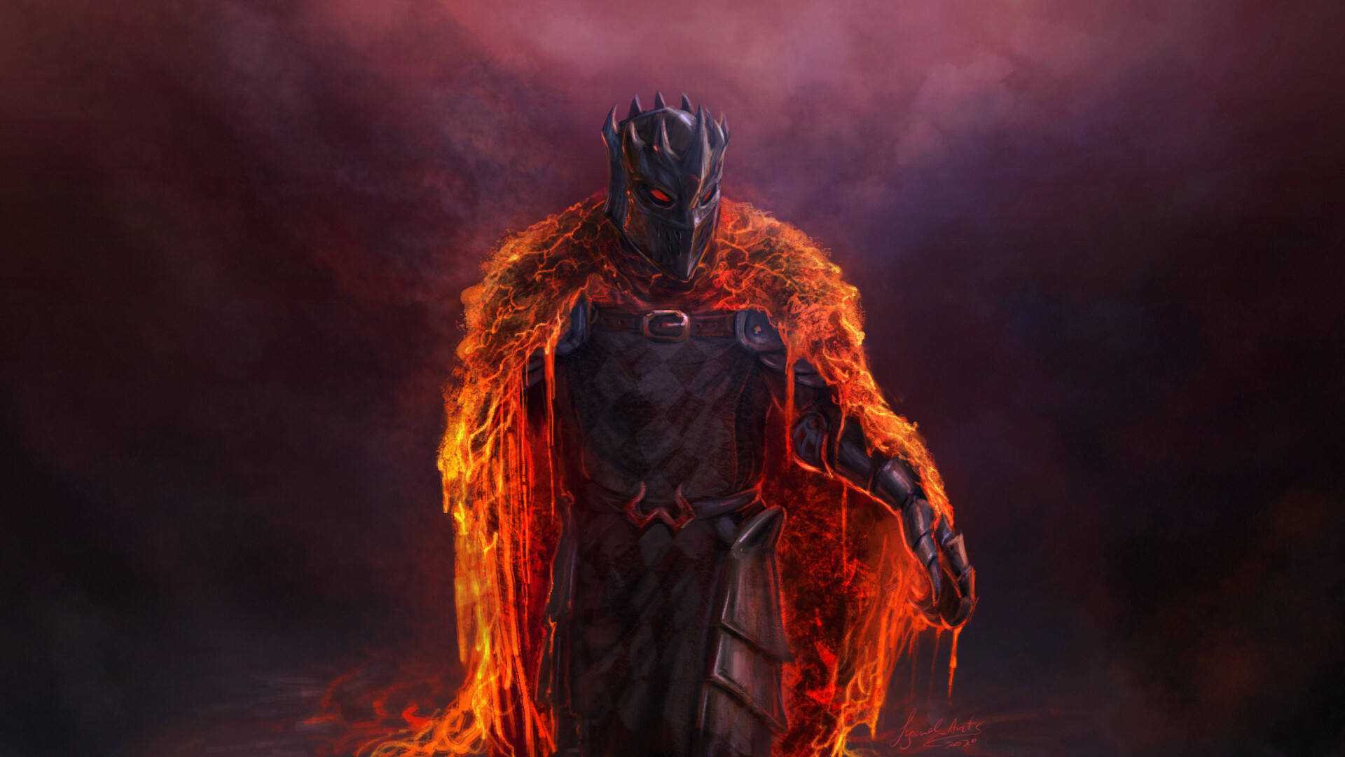 Runescape Cinder 壁紙 — 一個身穿盔甲、帶有發光紅眼和火焰橙色斗篷的威脅性人物，站在黑暗煙霧背景前。