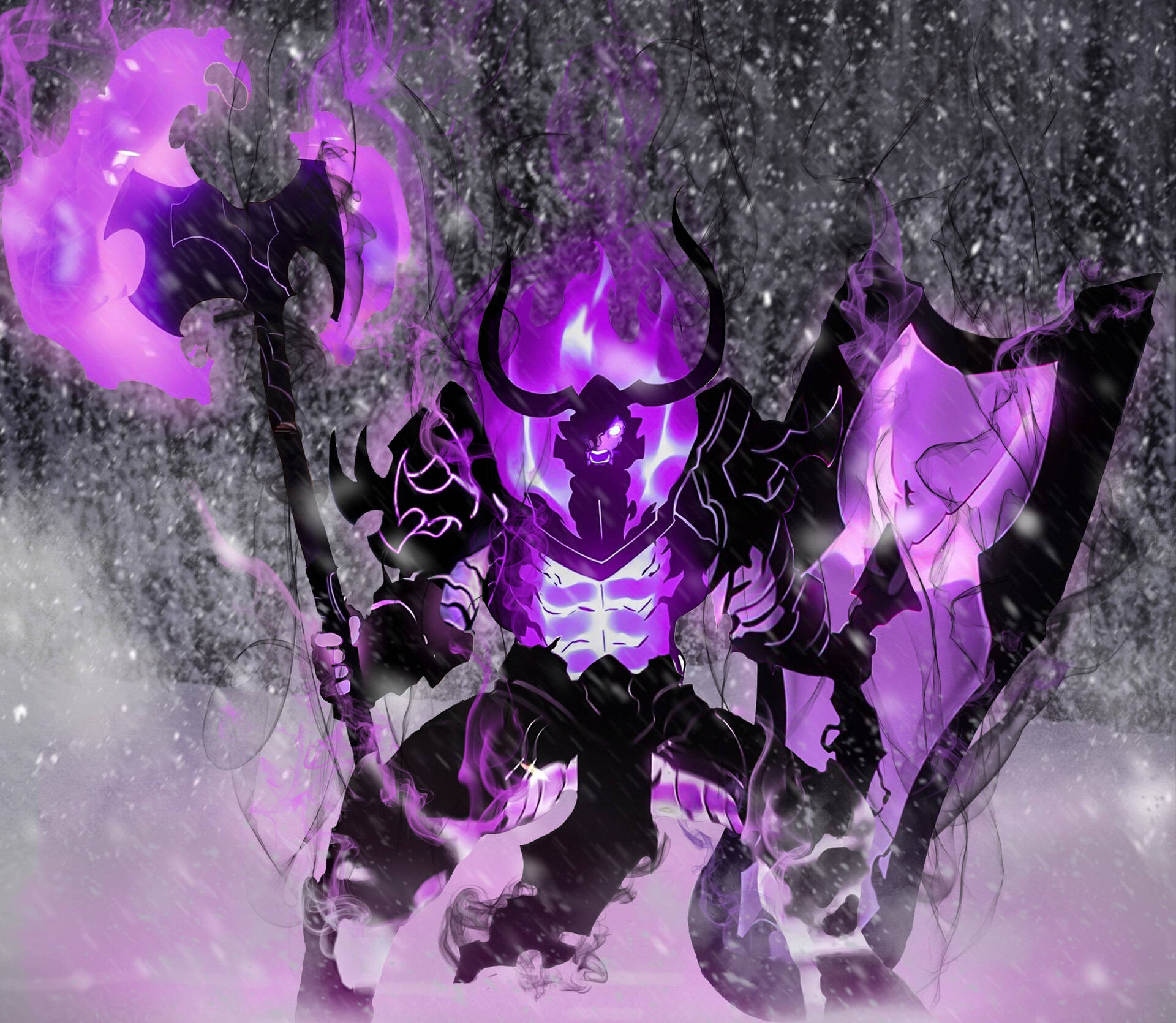 Solo Leveling 4K：Iron 壁紙 — 一個身穿盔甲、散發著紫色火焰的威嚇惡魔，在暴風雨般的灰色背景下揮舞著一把巨大的斧頭。