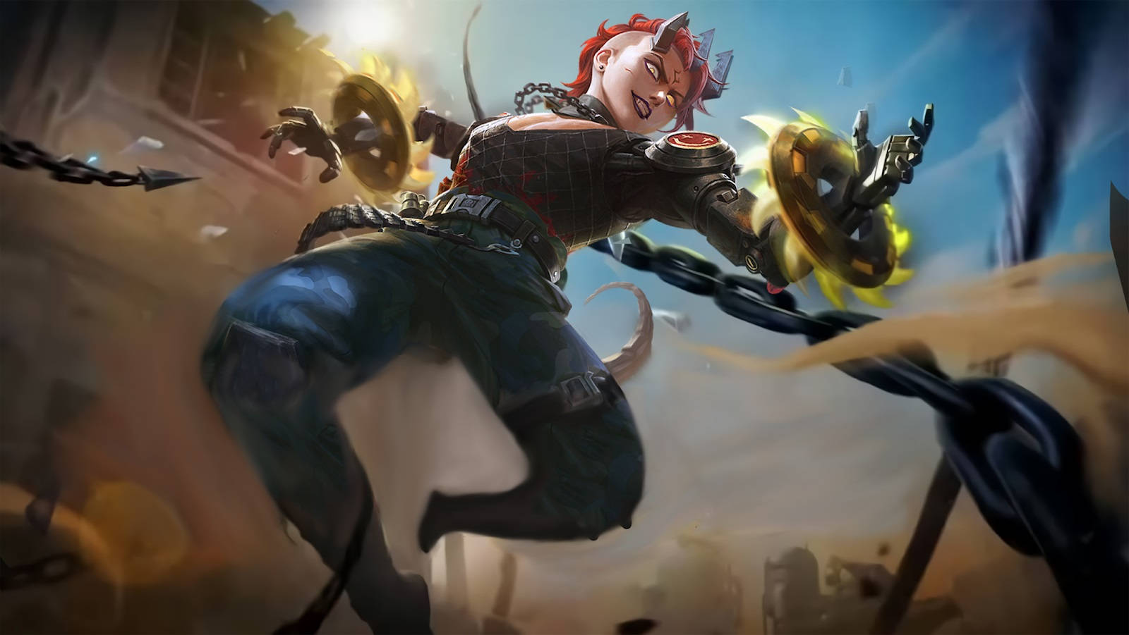 Mobile Legends 桌布 壁紙 — 一個身穿盔甲、火紅頭髮的惡魔戰士，在塵土飛揚的城市戰場上揮舞著發光的金色圓盤和鎖鏈。