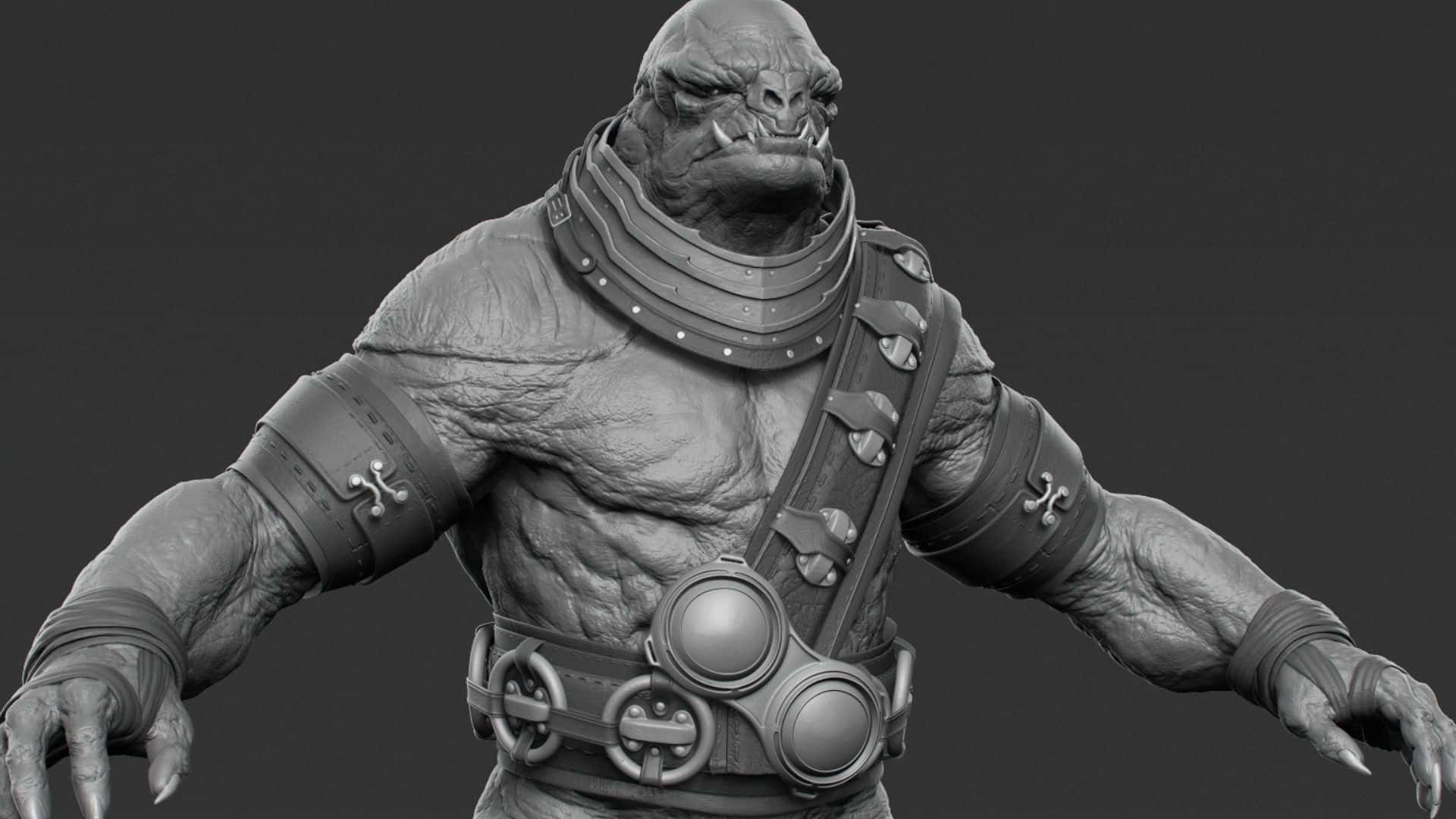 Tartarus 桌布 壁紙 — 一個身穿盔甲、肌肉隆起、利爪鋒利的獸人戰士，以粗獷的單色姿態站立，氣勢兇猛。