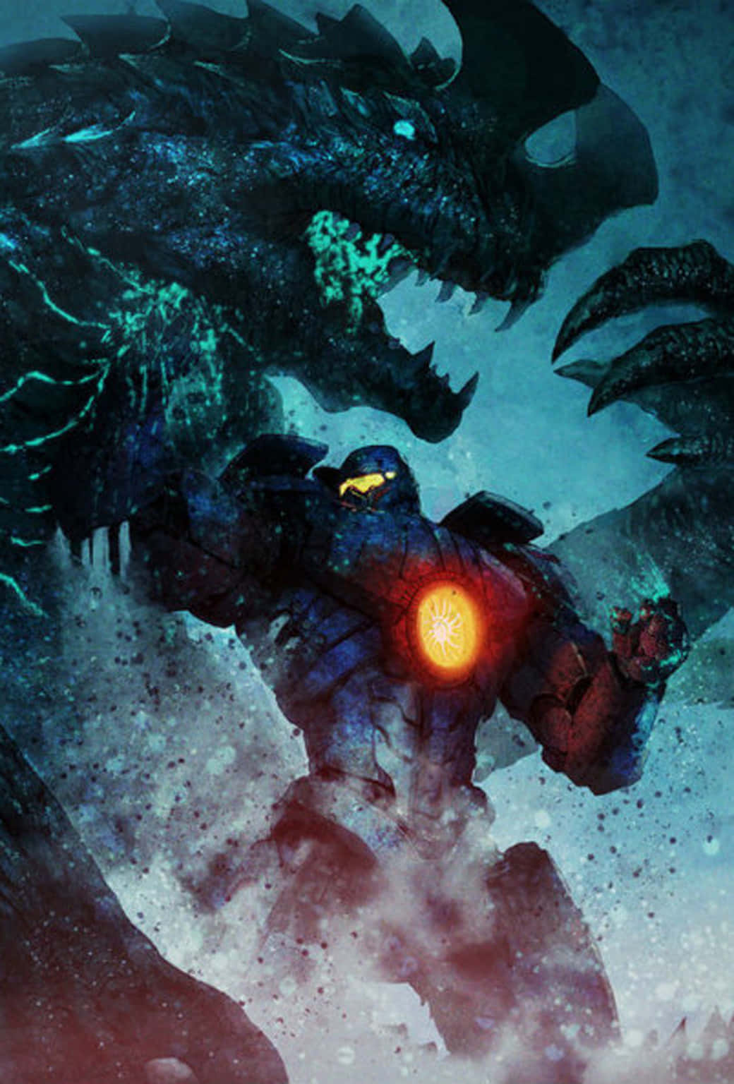 Kaiju 桌布 壁紙 — 一個身穿盔甲、胸口發光的巨型戰士，在風暴肆虐的冰凍戰場上，挑釁地面對一條巨大的黑暗巨龍。
