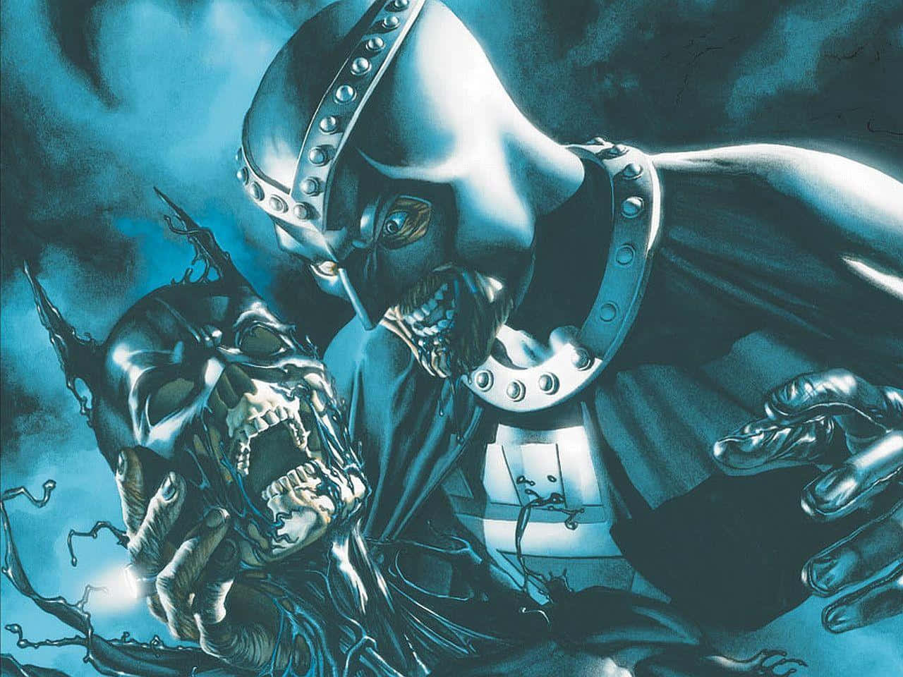 Blackest Night 桌布 壁紙 — 一個身穿盔甲、臉如骷髏的威脅性人物，在深藍色暴風雨場景中抓著一個尖叫的骷髏頭。