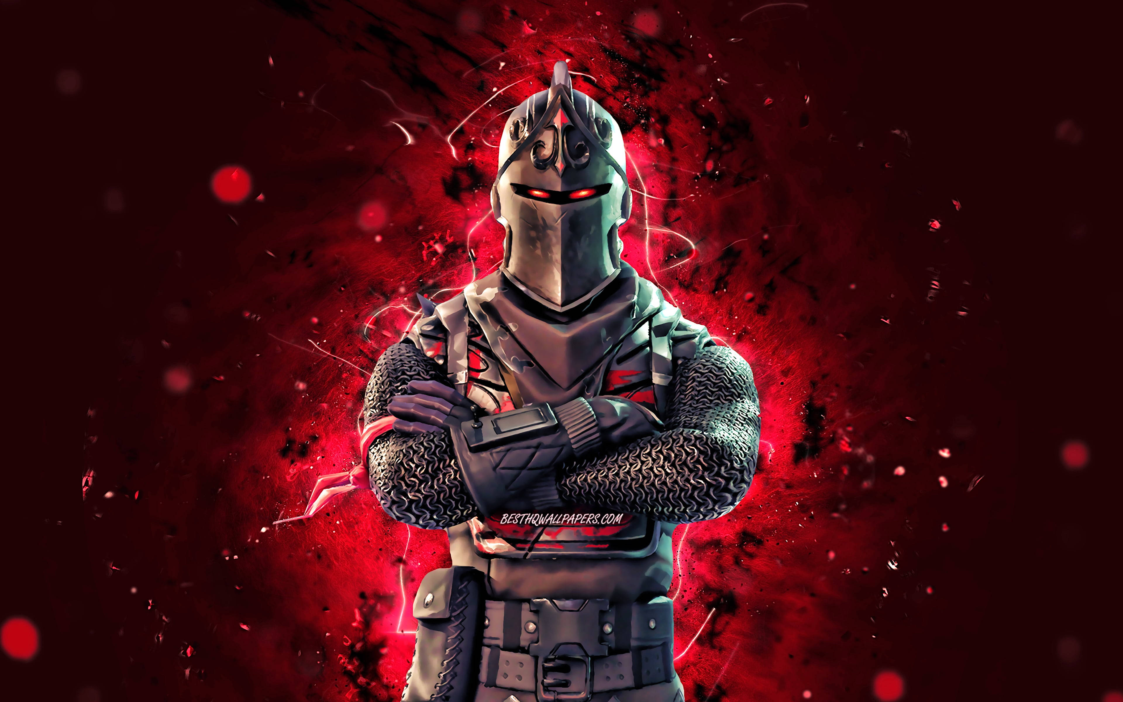Fortnite 造型 桌布 壁紙 — 一個身穿盔甲、雙眼發出紅光的威嚇騎士，挑釁地站在旋轉的深紅色背景前。