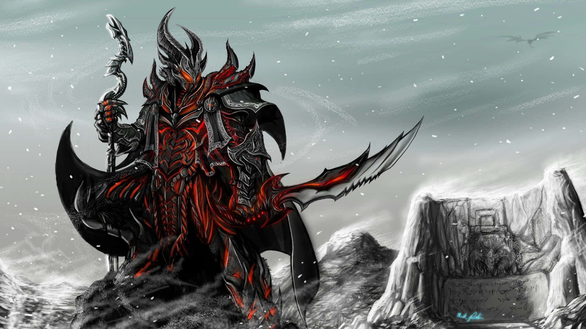Skyrim Daedric 桌布 壁紙 — 一個身穿盔甲、雙眼發紅、手持鋸齒武器的惡魔，在風暴天空下的雪山景觀中站立。