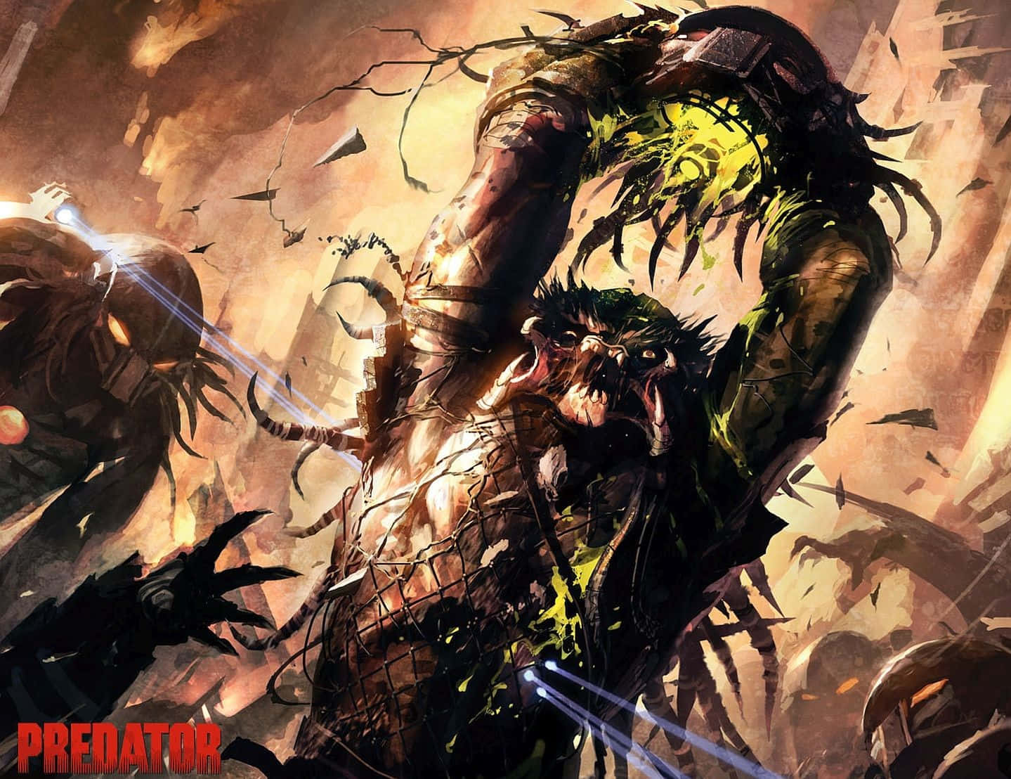 Wolf Predator 桌布 壁紙 — 一個身穿盔甲的兇猛鐵血戰士，在混亂的戰鬥中與尖叫的外星受害者搏鬥，能量爆炸四處飛散。