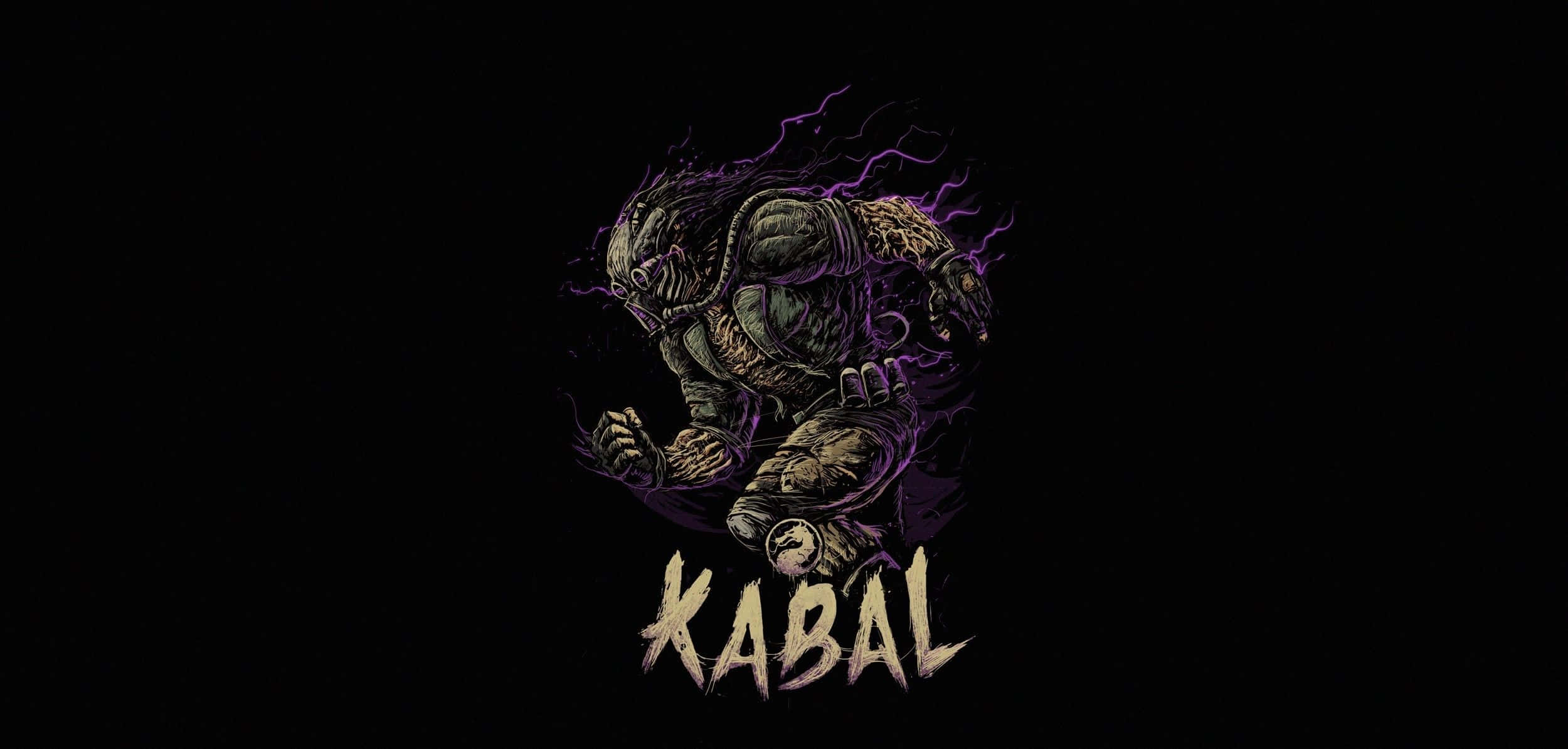 Mortal Kombat Kabal 桌布 壁紙 — 一個身穿盔甲的威嚇戰士，周圍有紫色閃電噼啪作響，站在黑色背景前，下方有Kabal的名字。