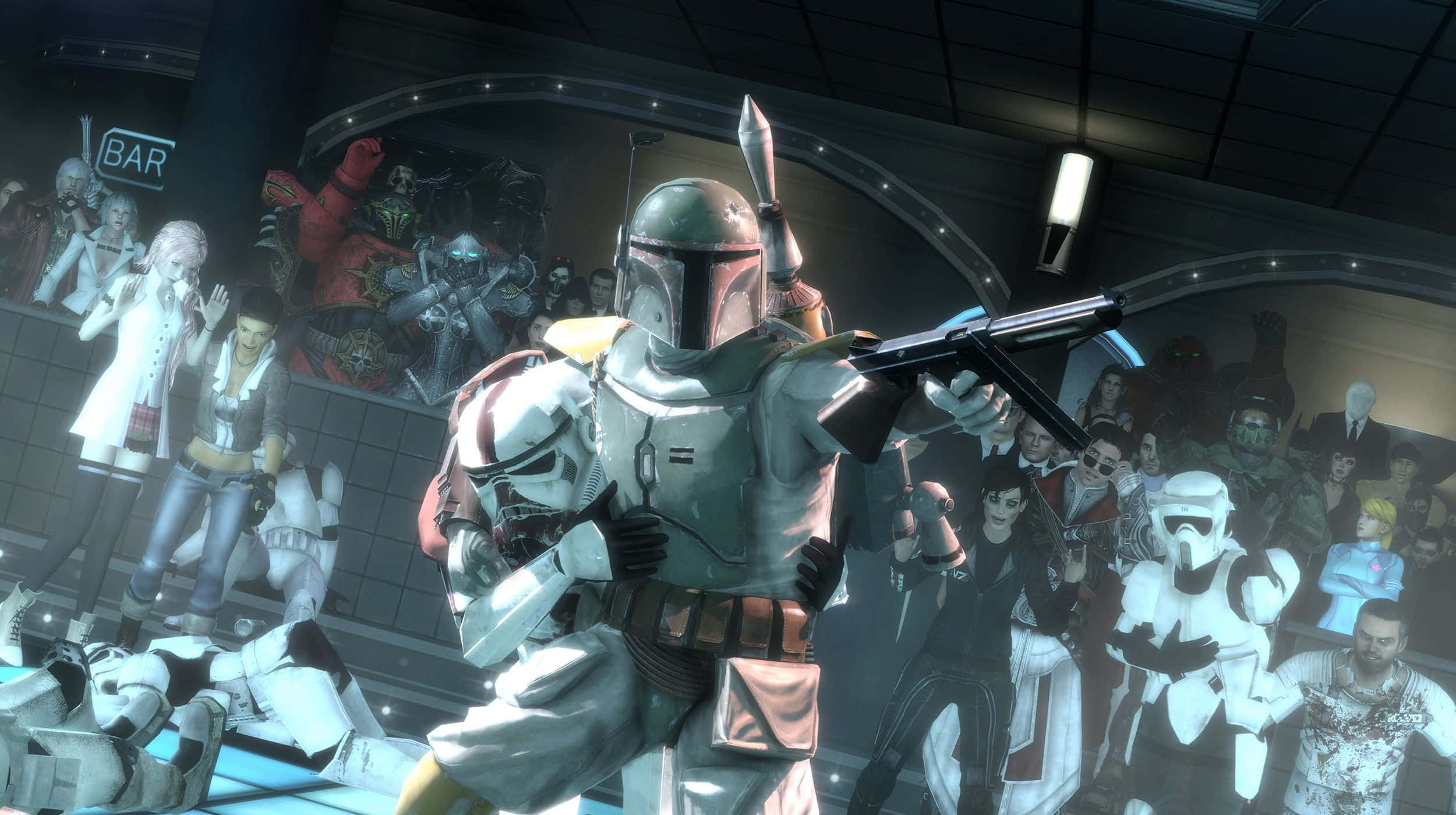 Gaming Mods 桌布 壁紙 — 一個身穿盔甲的曼達洛賞金獵人站在擠滿人的未來風格酒吧中央，手持爆能槍。