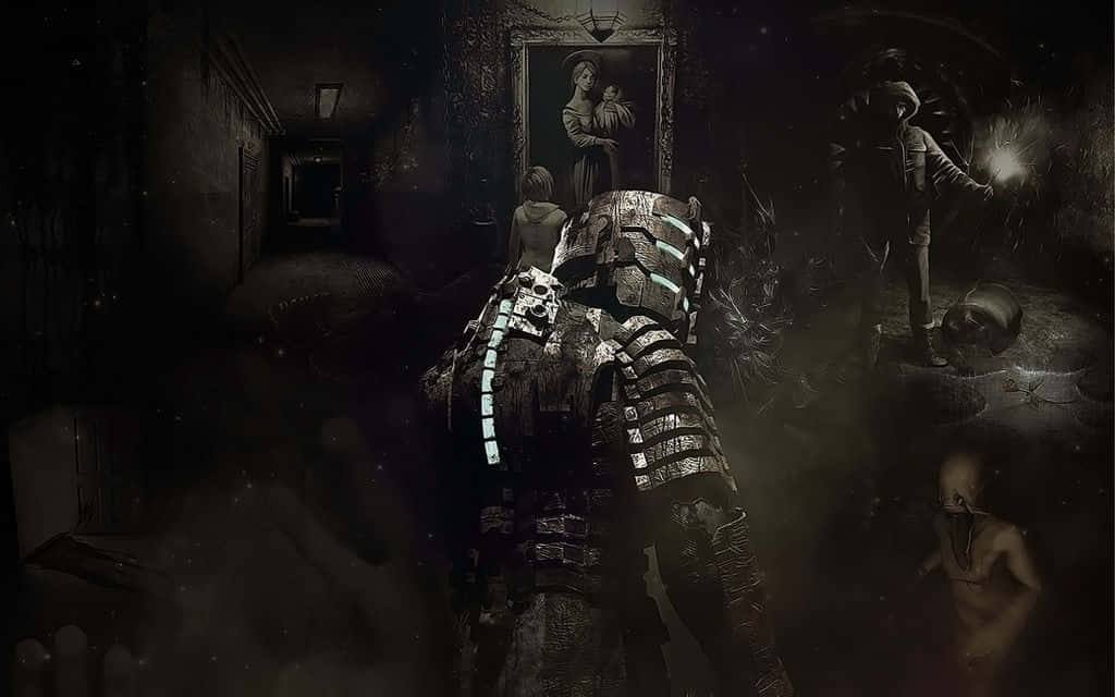 Horror Games 桌布 壁紙 — 一個身穿盔甲的身影沿著黑暗的走廊行走，陰影中潛伏著怪誕的生物，上方一幅肖像散發著不祥的光芒。