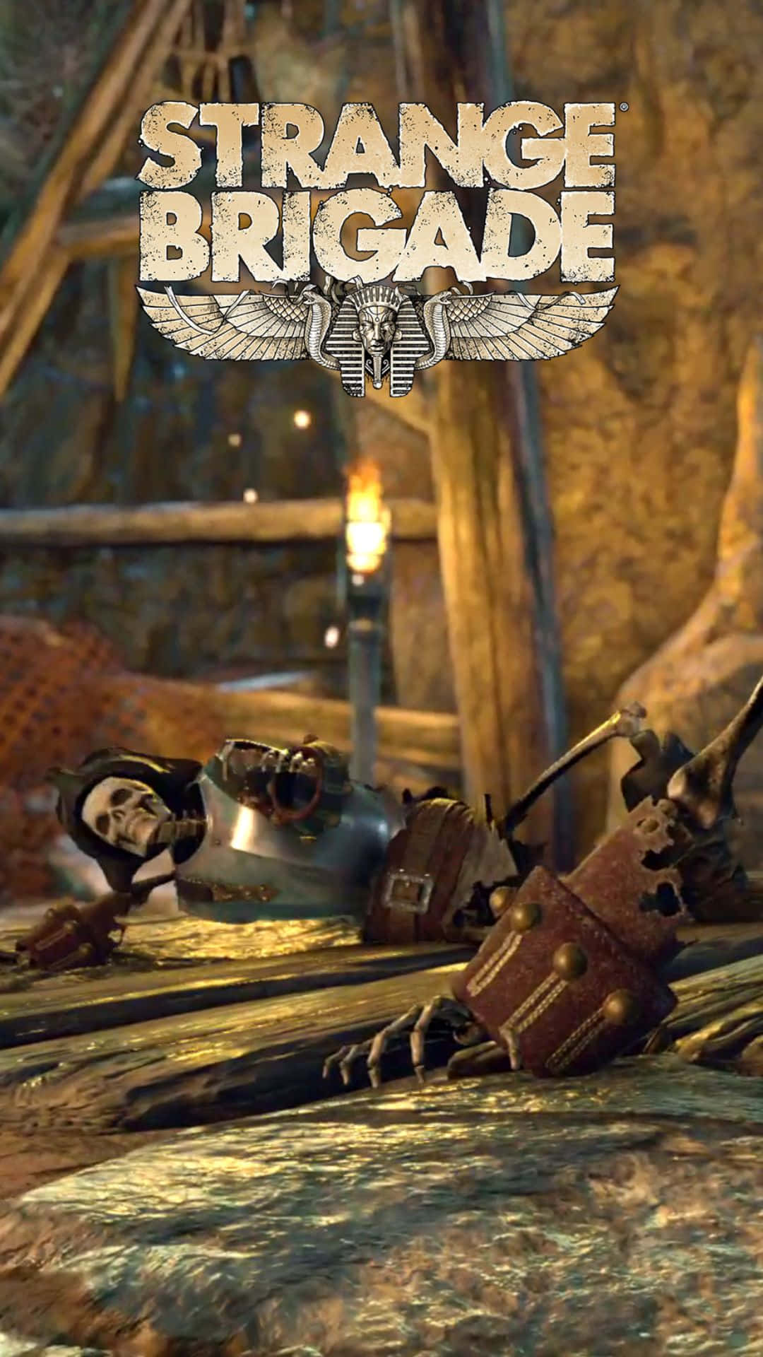Android Strange Brigade 桌布 壁紙 — 一個身穿盔甲的骷髏冒險家，在昏暗的古代廢墟中，躺在石地板上，旁邊有一支燃燒的火把，被打敗了。
