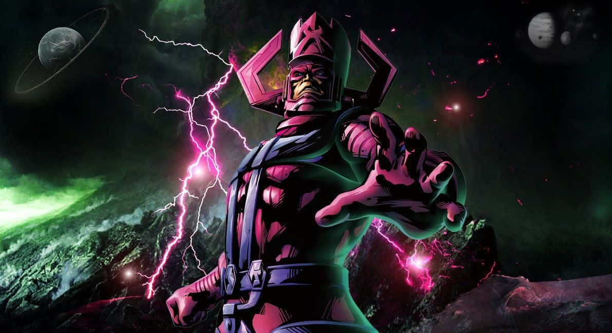 Galactus 桌布 壁紙 — 一個身穿粉紅色盔甲的威脅性宇宙反派，在黑暗的外星行星背景下，引導電能，伴隨著發光的綠色極光和漂浮的行星。