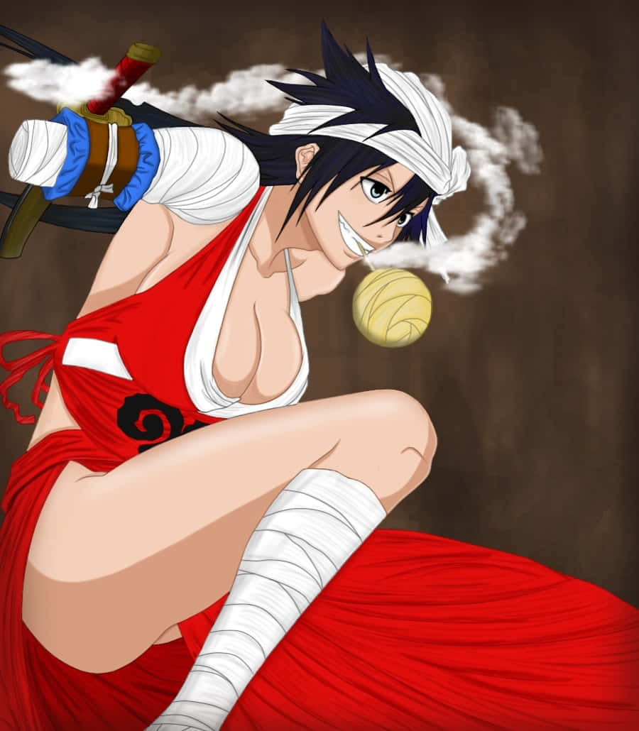 Kukaku Shiba 桌布 壁紙 — 一個身穿紅白服裝、手持劍和煙霧效果的開心動漫戰士，在棕色背景上動態擺姿勢。
