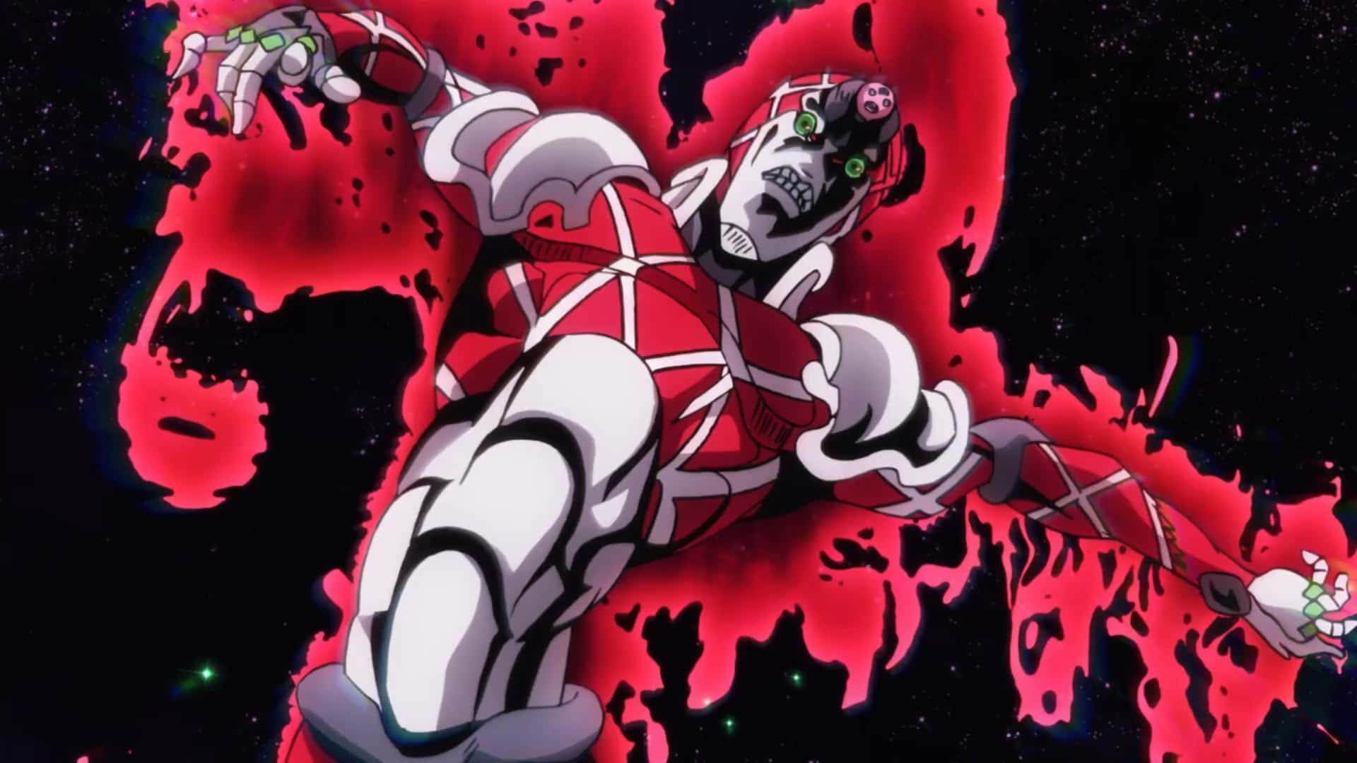 Jojo Stands 桌布 壁紙 — 一個身穿紅白盔甲的威脅性動漫角色，以發光的綠色眼睛和爆炸性的紅色能量劃破宇宙空間。