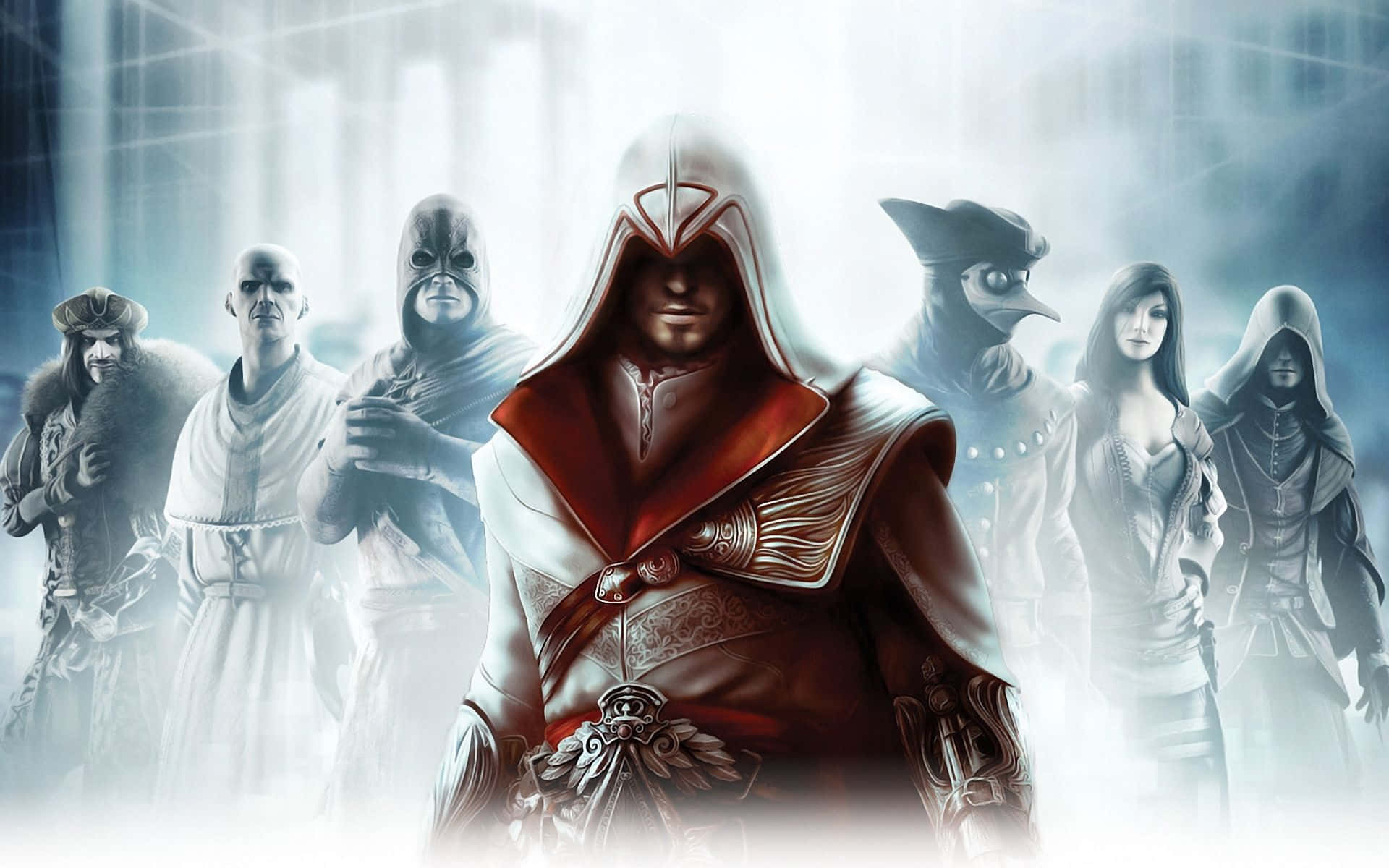 Assassin's Creed Brotherhood 桌布 壁紙 — 一個身穿紅白長袍的中央刺客站在霧氣瀰漫的背景前，還有六個灰階的兜帽人物。