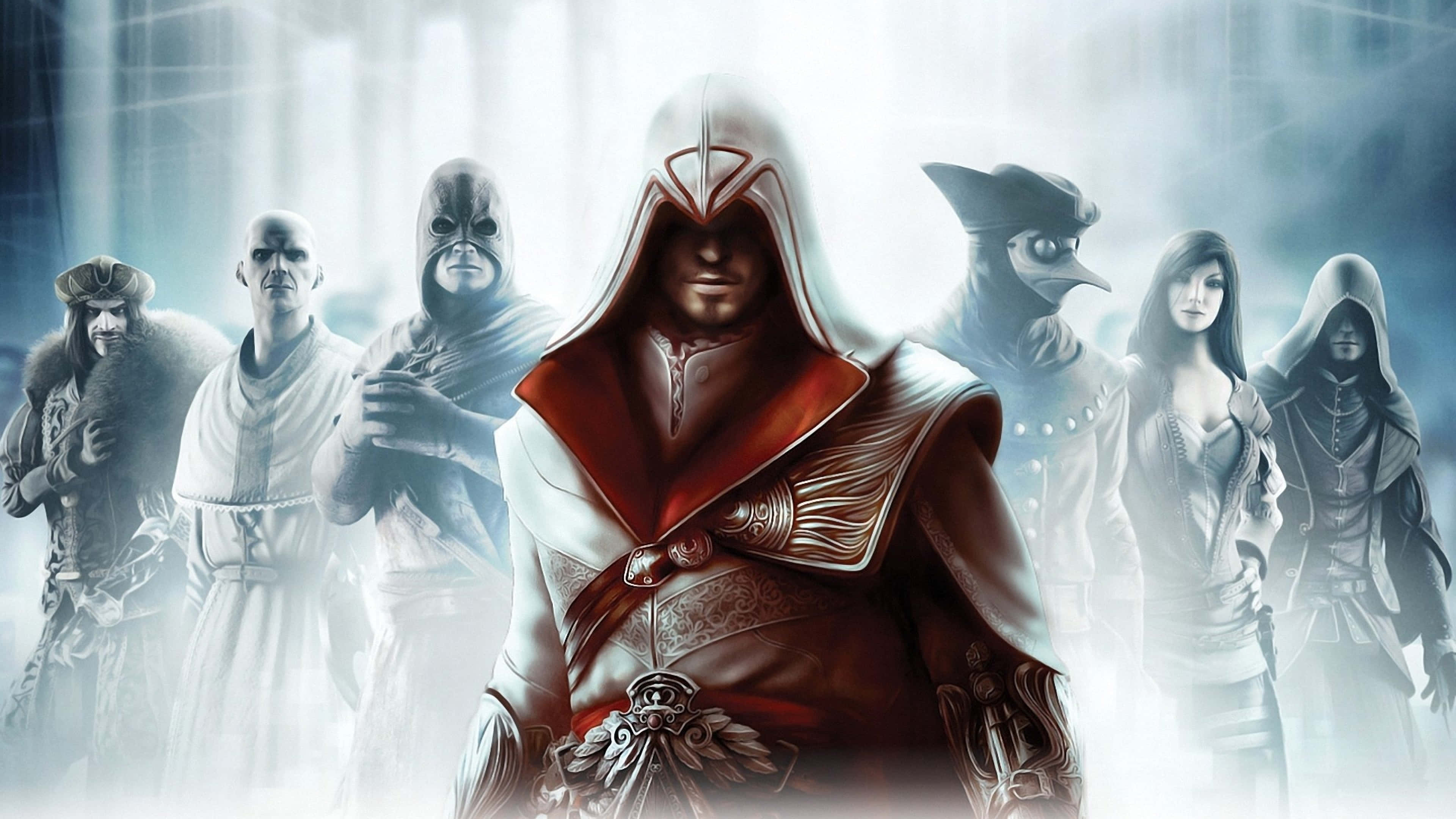 Desmond Miles 桌布 壁紙 — 一個身穿紅白長袍的中央蒙面刺客，站在一群陰影人物面前，背景迷濛而空靈。