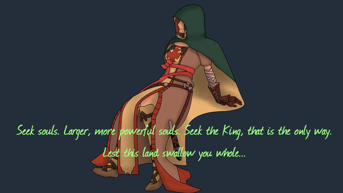Dark Souls Emerald Herald 桌布 壁紙 — 一個身穿紅色和棕褐色長袍的連帽動漫人物站在黑暗背景前，背景有發光綠色文字，內容關於尋求靈魂。