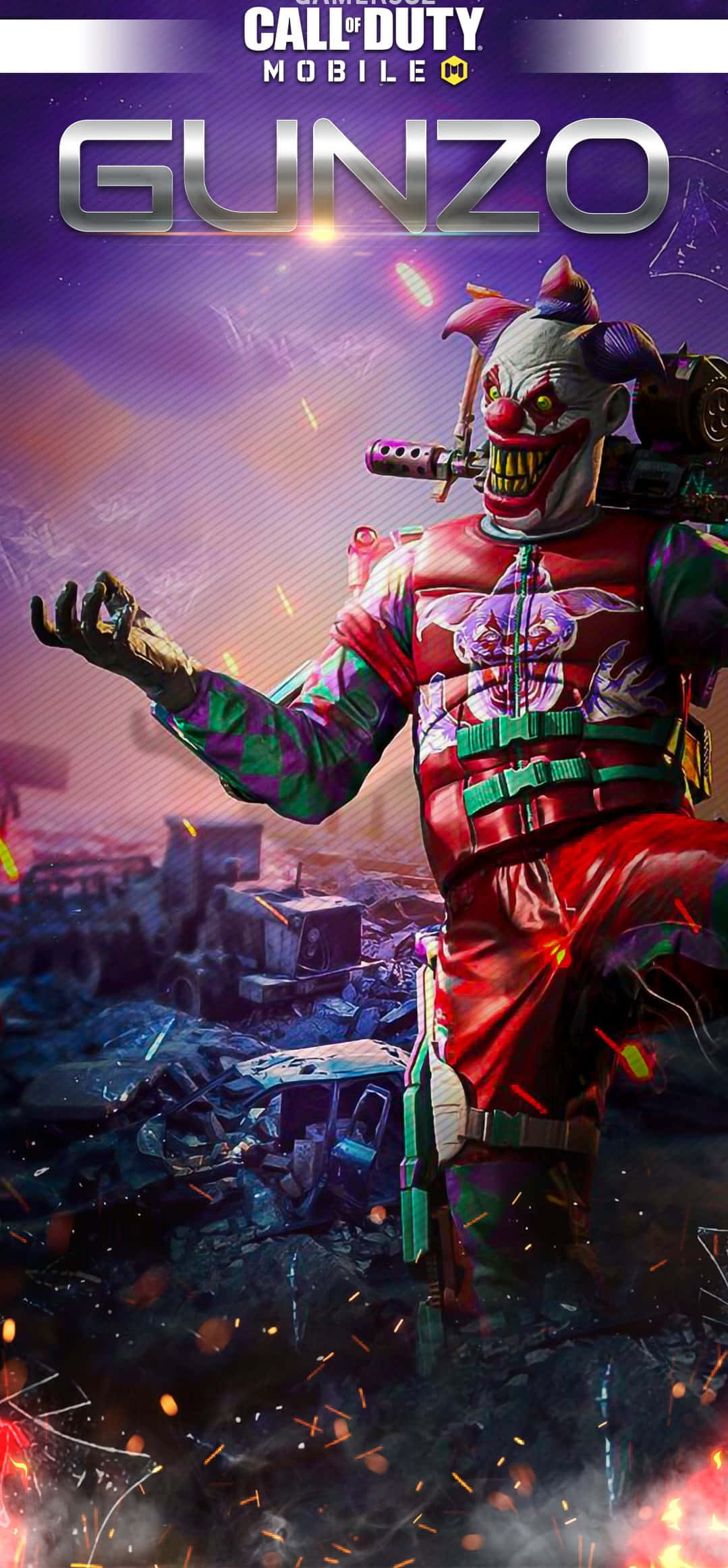 Cod Mobile Character Skins 桌布 壁紙 — 一個身穿紅色和綠色裝備的威脅性小丑士兵，在紫色天空下，於燃燒的廢墟戰場中揮舞武器。