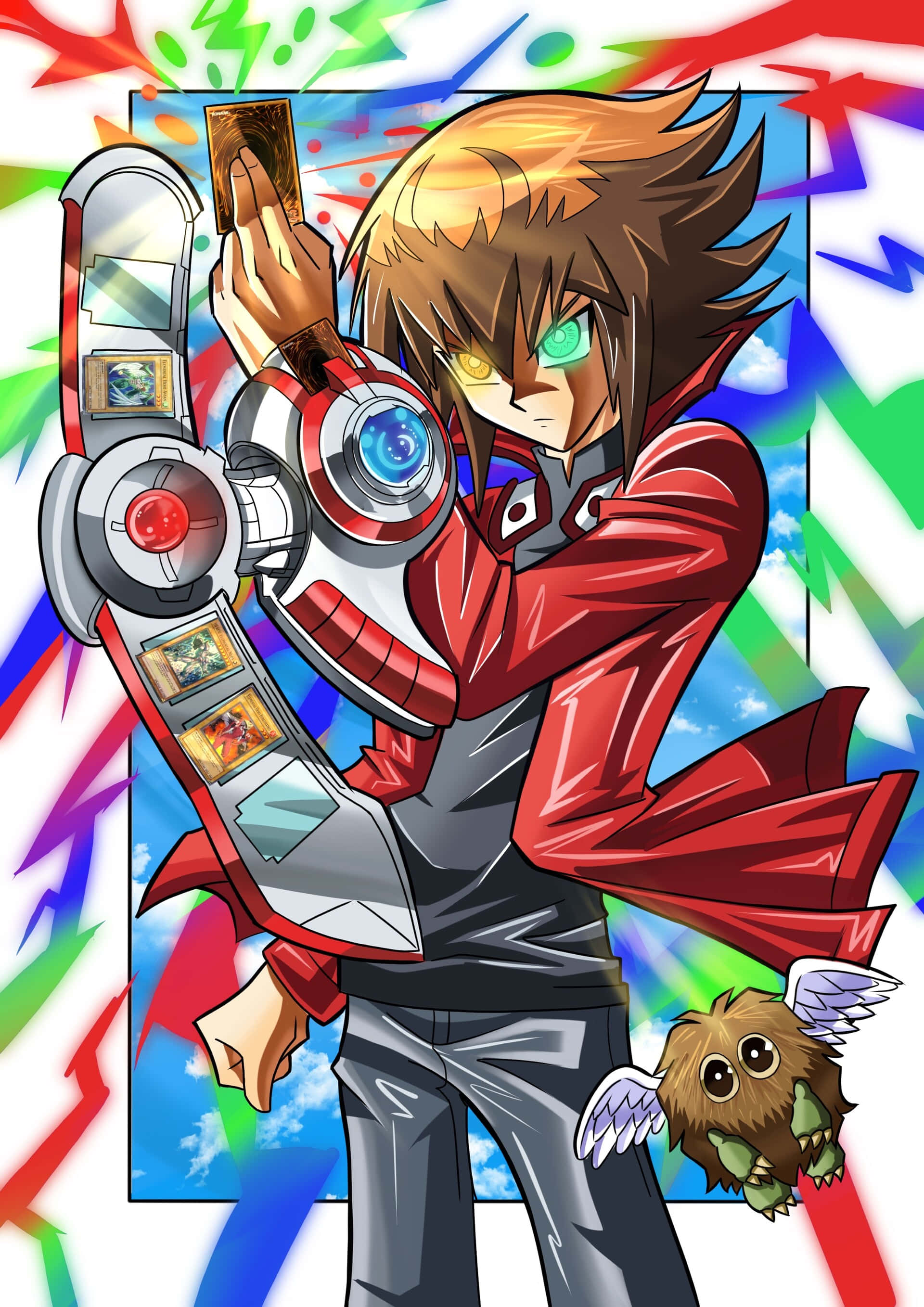 Jaden Yuki 桌布 壁紙 — 一個身穿紅色外套、意志堅定的動漫男孩，在充滿活力的抽象背景前，手持一張發光的卡牌，身旁有一隻帶翅膀的小生物。