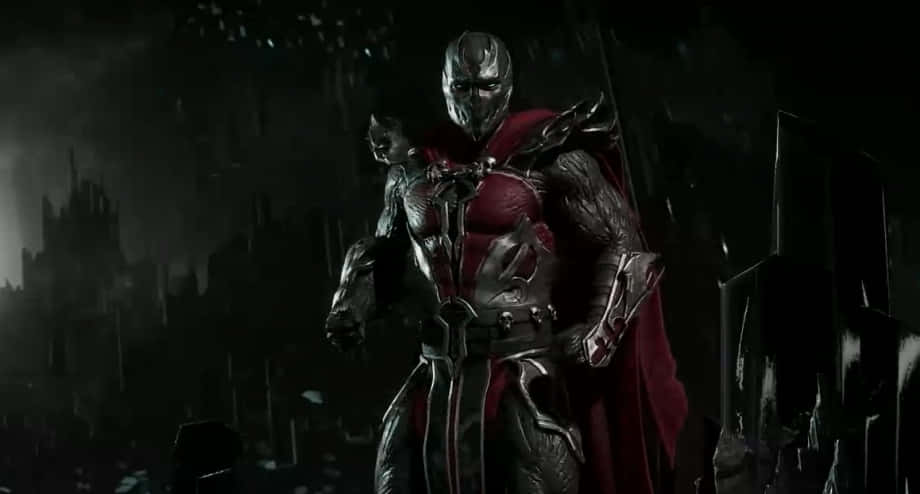 Mortal Kombat 11 Spawn 桌布 壁紙 — 一個身穿紅色披風、威風凜凜的裝甲戰士，佇立在風雨交加的天空下，陰暗的哥德式城市景觀中。