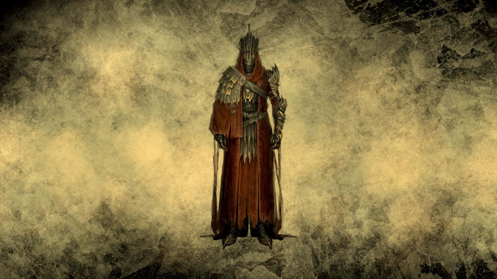 魔戒 桌布 壁紙 — 一個身穿紅色斗篷的威嚇盔甲騎士獨自站在紋理粗糙的黃灰色背景前。