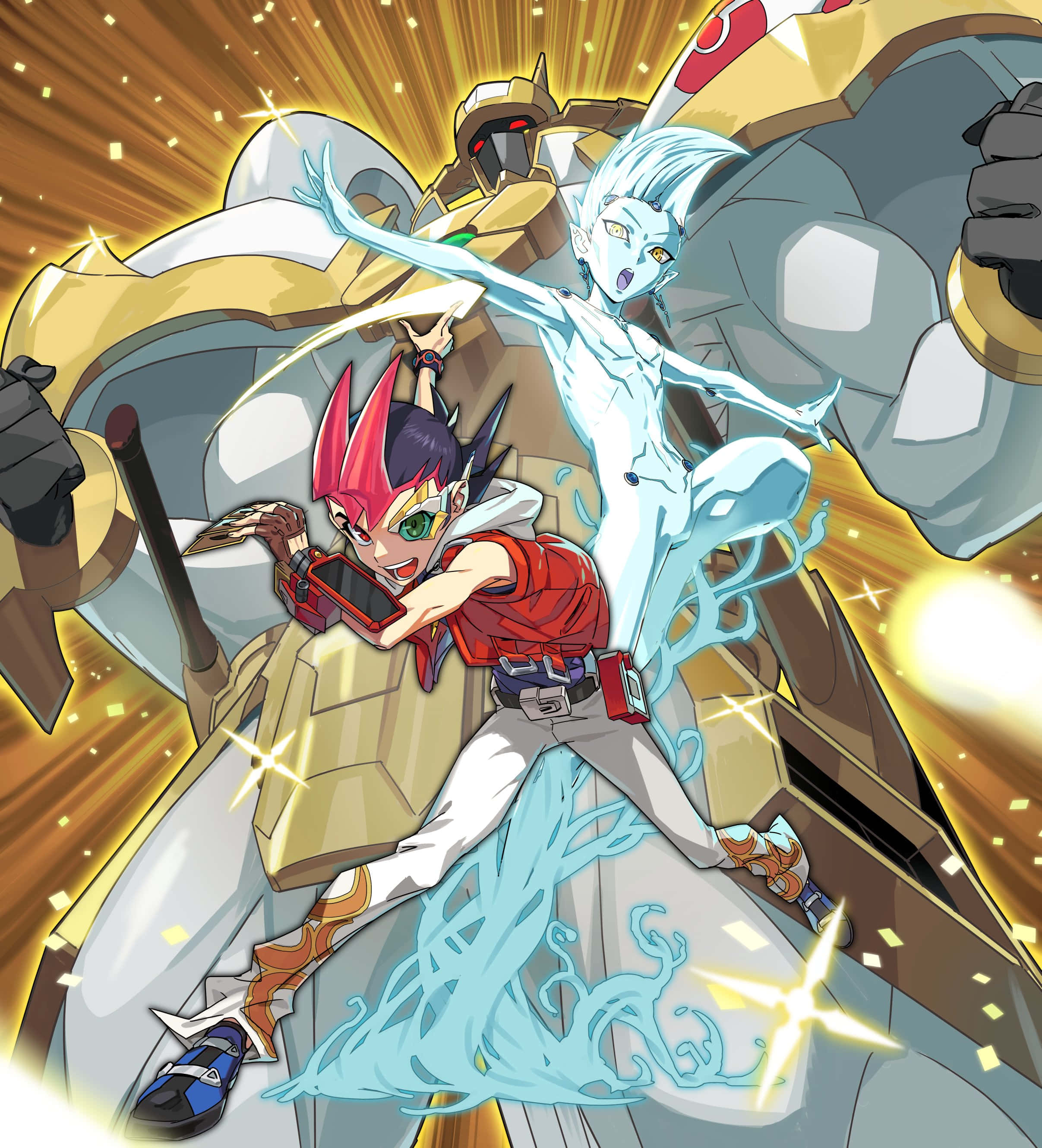 Yuma Tsukumo 桌布 壁紙 — 一個身穿紅色的動態動漫角色啟動一張發光的卡牌，而藍色能量靈體和巨型機械人在他們身後於燦爛的金色背景中戰鬥。