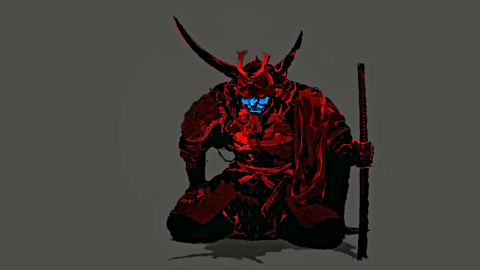 47 Ronin 桌布 壁紙 — 一個身穿紅色盔甲、帶有發光藍眼睛的威嚇武士跪著，手持法杖，背景為深灰色。