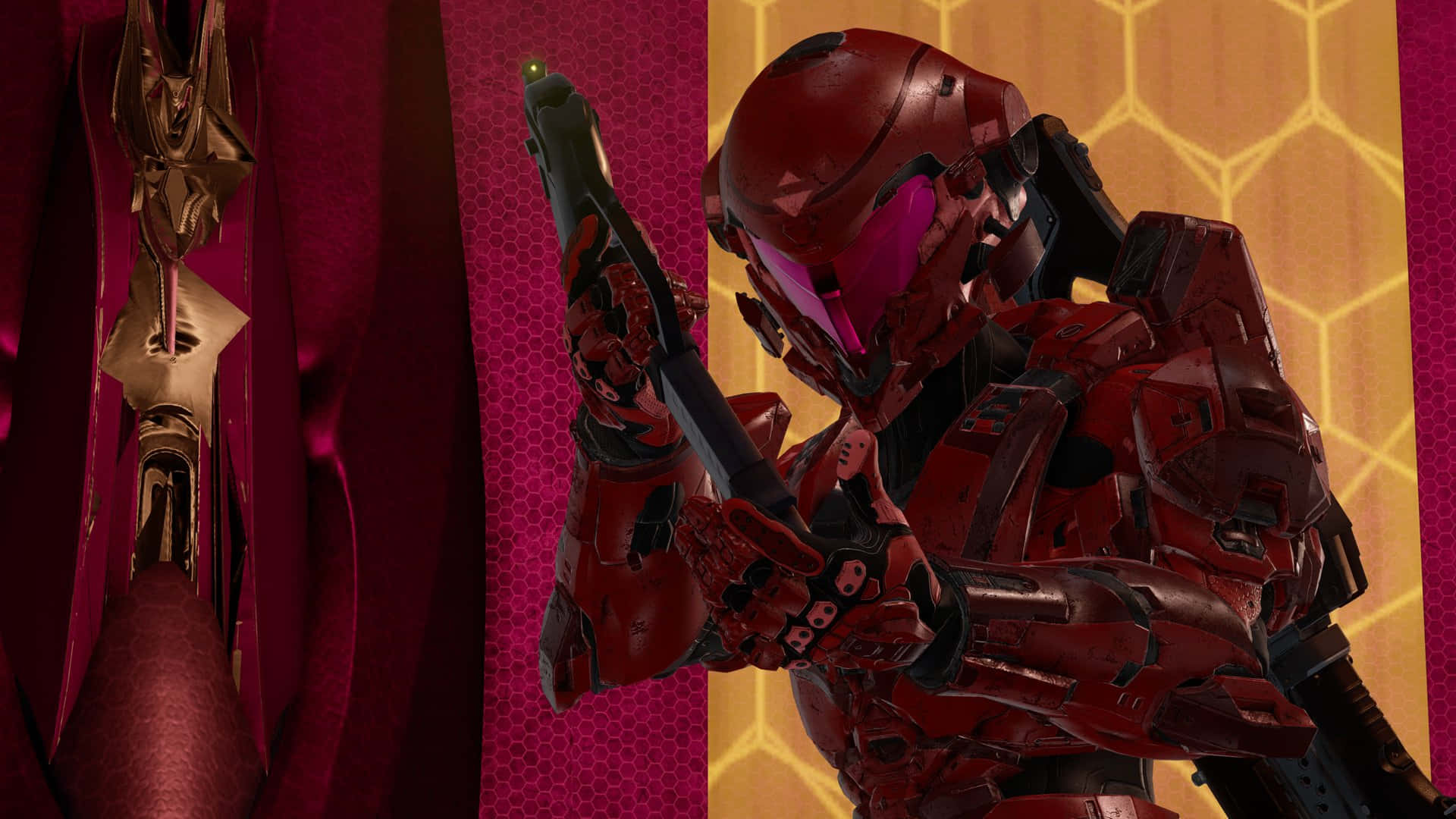 Fireteam Osiris 桌布 壁紙 — 一個身穿紅色盔甲、戴著未來風格頭盔的斯巴達戰士，正瞄準武器，背景是深洋紅色和金色的六邊形圖案。