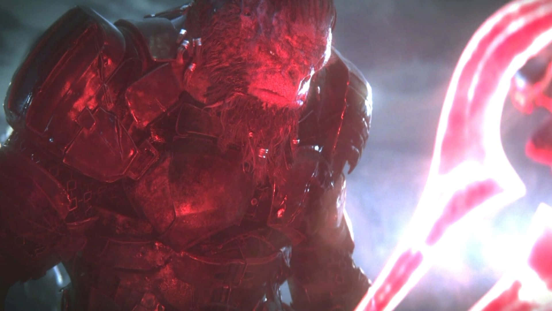 Atriox 桌布 壁紙 — 一個身穿紅色盔甲、眼睛發光、手持明亮能量劍的威嚇戰士，在煙霧彌漫的戰鬥場景中。