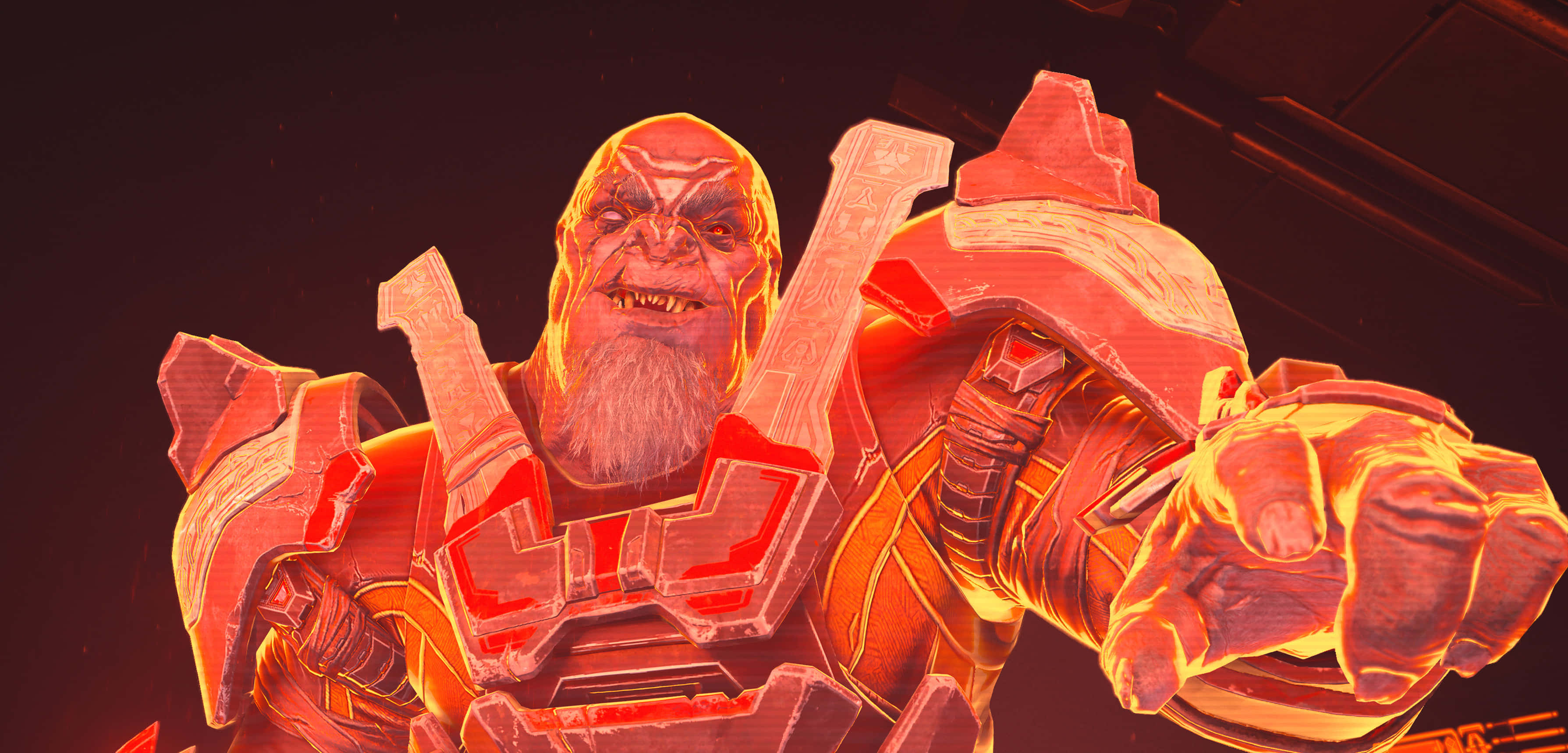 Halo Brutes 桌布 壁紙 — 一個身穿紅色盔甲、眼睛發光、留著鬍子的威嚇戰士，在黑暗的科幻場景中聳立。