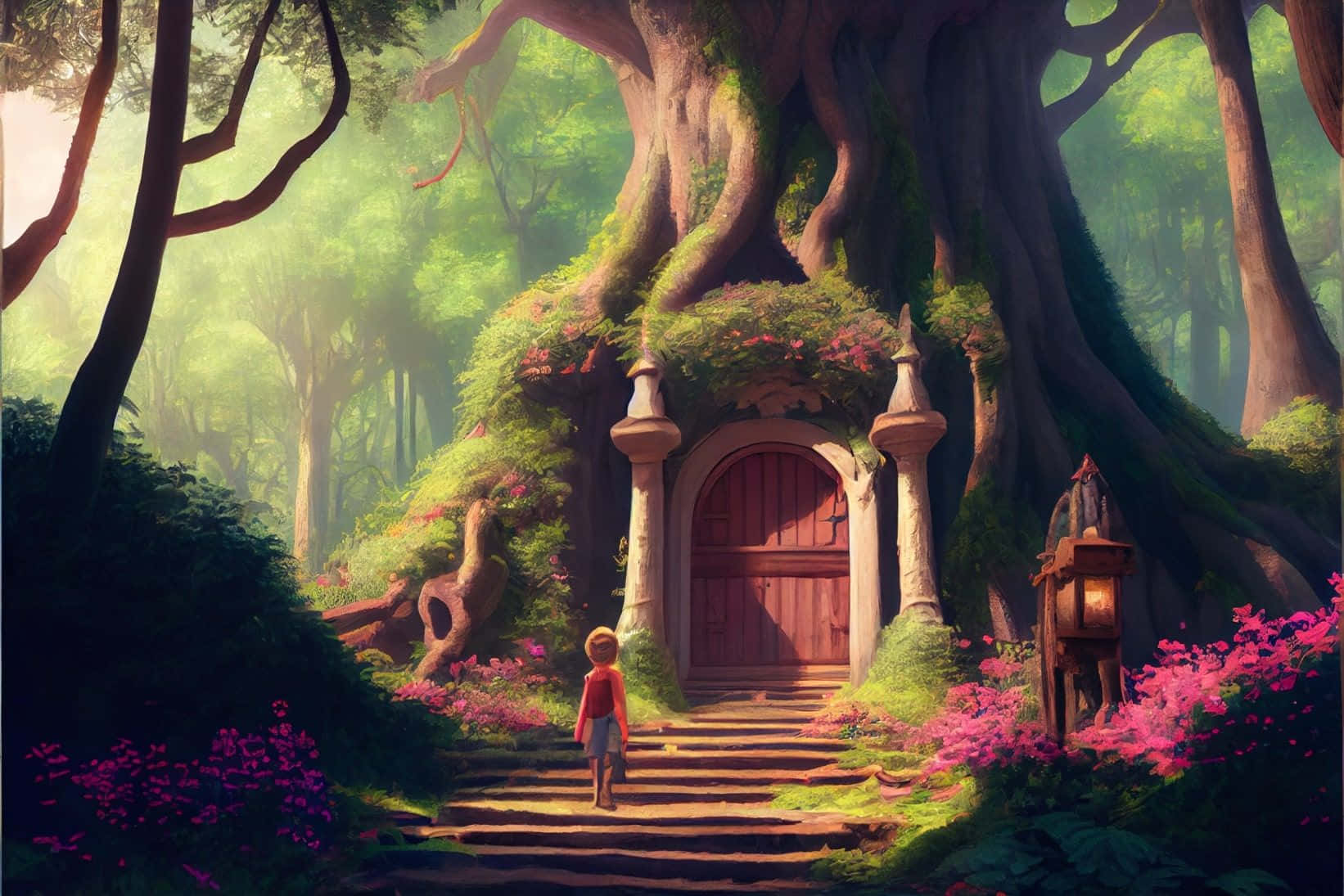 Magical Forest 桌布 壁紙 — 一個身穿紅色衣服的孩子站在陽光普照的魔法森林中，面對著長滿青苔的樹屋門，周圍有粉紅色的花朵和石階。