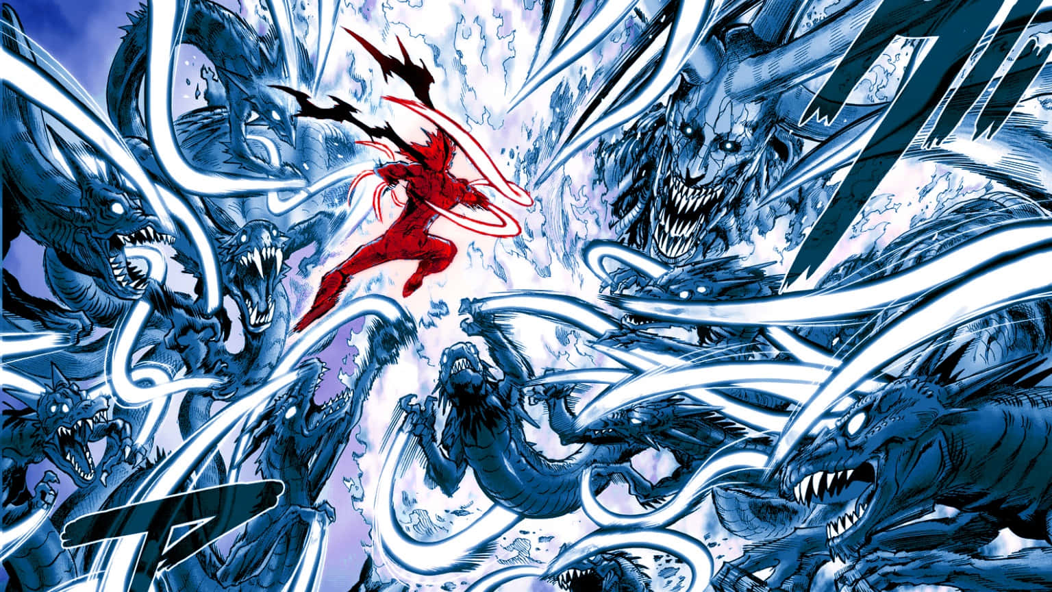 One Punch Man Season 2 桌布 壁紙 — 一個身穿紅色衣服的英雄在藍色怪物和能量爆炸的風暴中動態跳躍，呈現出高衝擊力的動漫戰鬥場景。