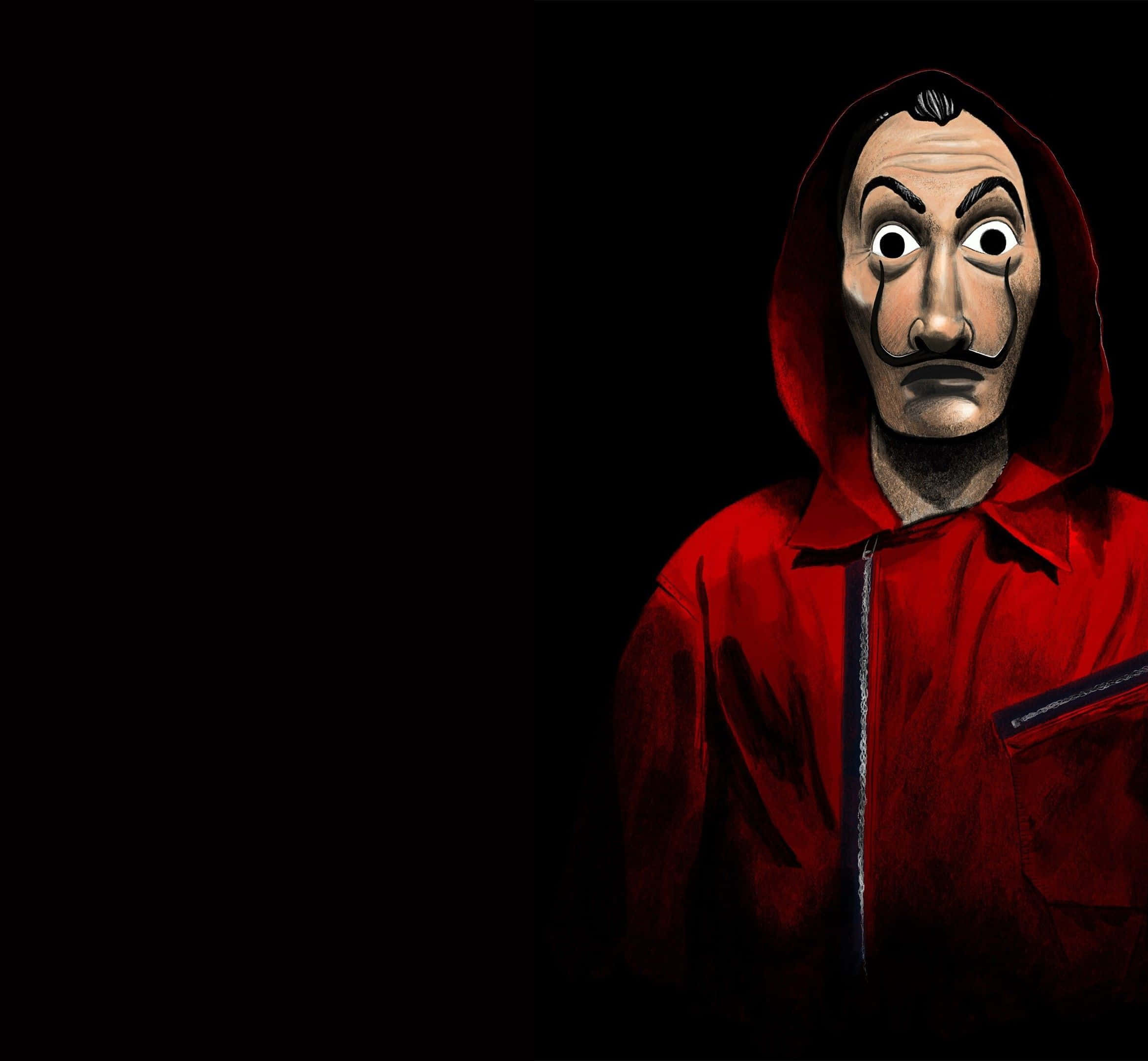 Money Heist 桌布 壁紙 — 一個身穿紅色連帽衫、戴著標誌性薩爾瓦多·達利面具的人物，在純黑色背景下強烈凝視。