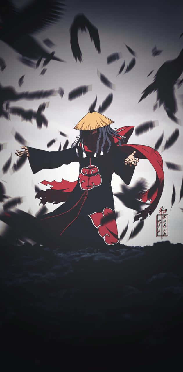 Akatsuki Hat 桌布 壁紙 — 一個身穿紅色雲斗篷的黑暗動漫角色，站在灰色天空下旋轉的黑鳥群中。