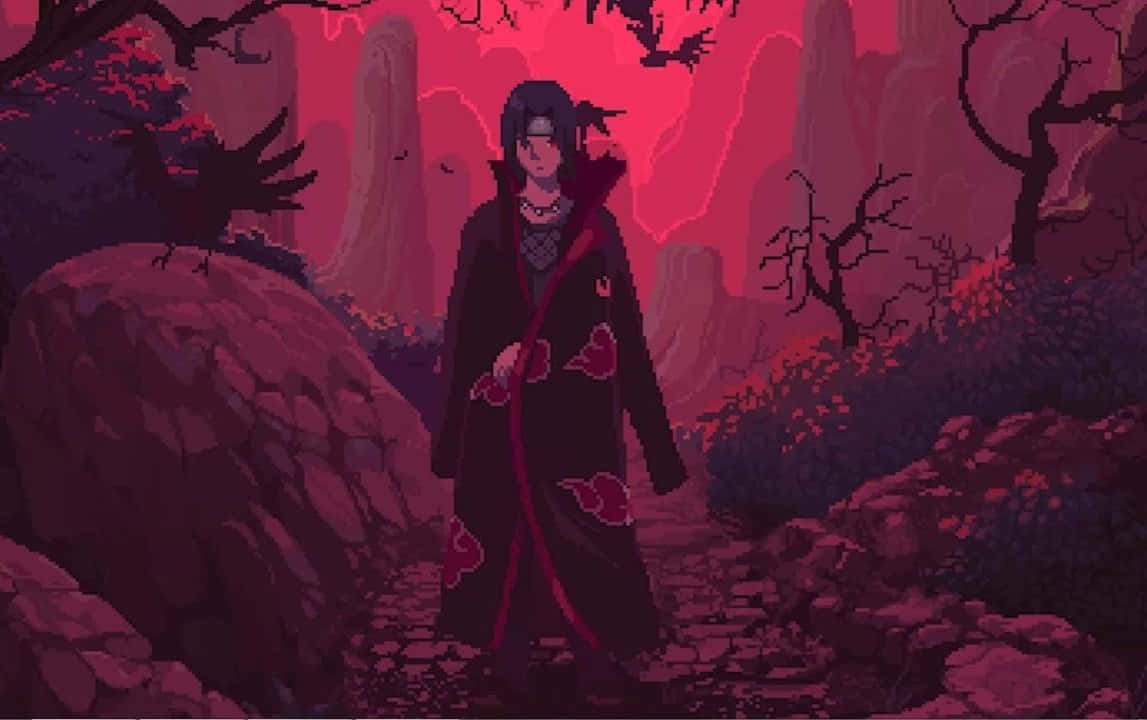 Itachi 桌布 壁紙 — 一個身穿紅色雲紋斗篷的像素藝術忍者，在血紅色的天空下獨自穿過陰森的深紅色森林。