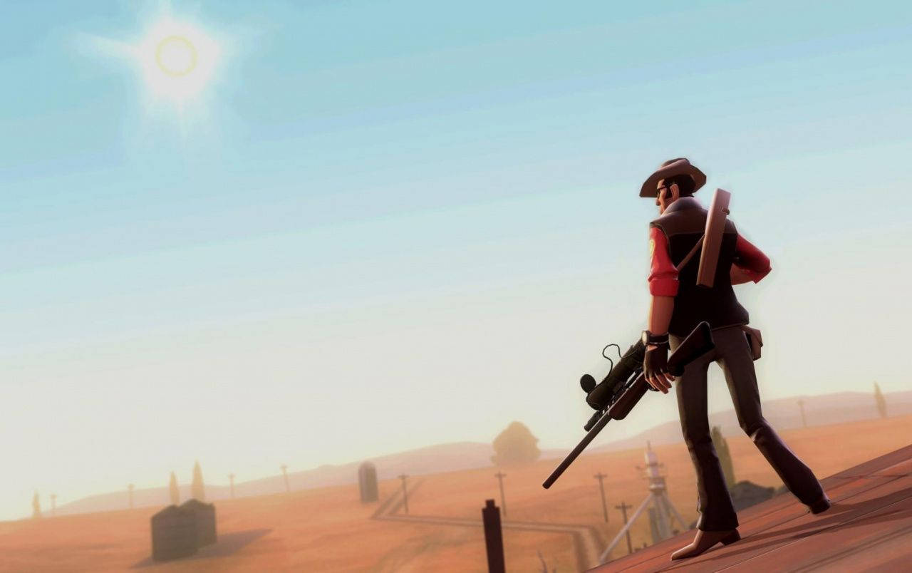 Team Fortress 2 Mr. Mundy 壁紙 — 一個身穿紅衫、頭戴帽子的牛仔，在烈日下手持步槍，走過塵土飛揚的沙漠景觀。