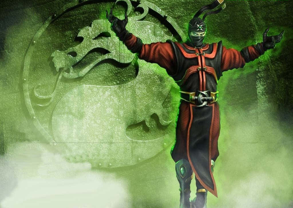 Mortal Kombat Ermac 桌布 壁紙 — 一個身穿紅黑盔甲嘅蒙面戰士，張開雙臂企喺一個發光嘅綠色龍徽前面。