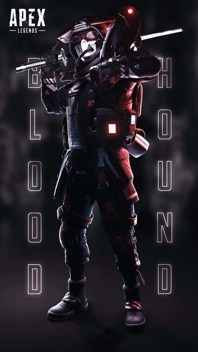 Apex Legends Bloodhound 桌布 壁紙 — 一個身穿紅黑盔甲的黑暗未來戰士，在煙霧繚繞的背景中手持發光劍，並帶有霓虹燈 'BLOODHOUND' 文字。