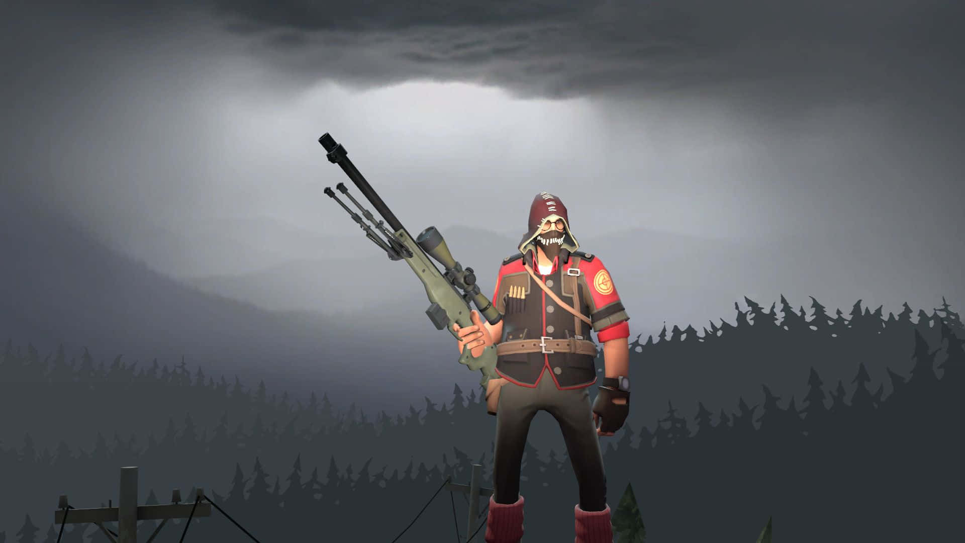 Team Fortress 2 Characters 桌布 壁紙 — 一個身穿紅黑裝備的威脅性狙擊手站在山丘上，手持帶瞄準鏡的步槍，背景是暴風雨前的灰色天空、遠山和松樹。