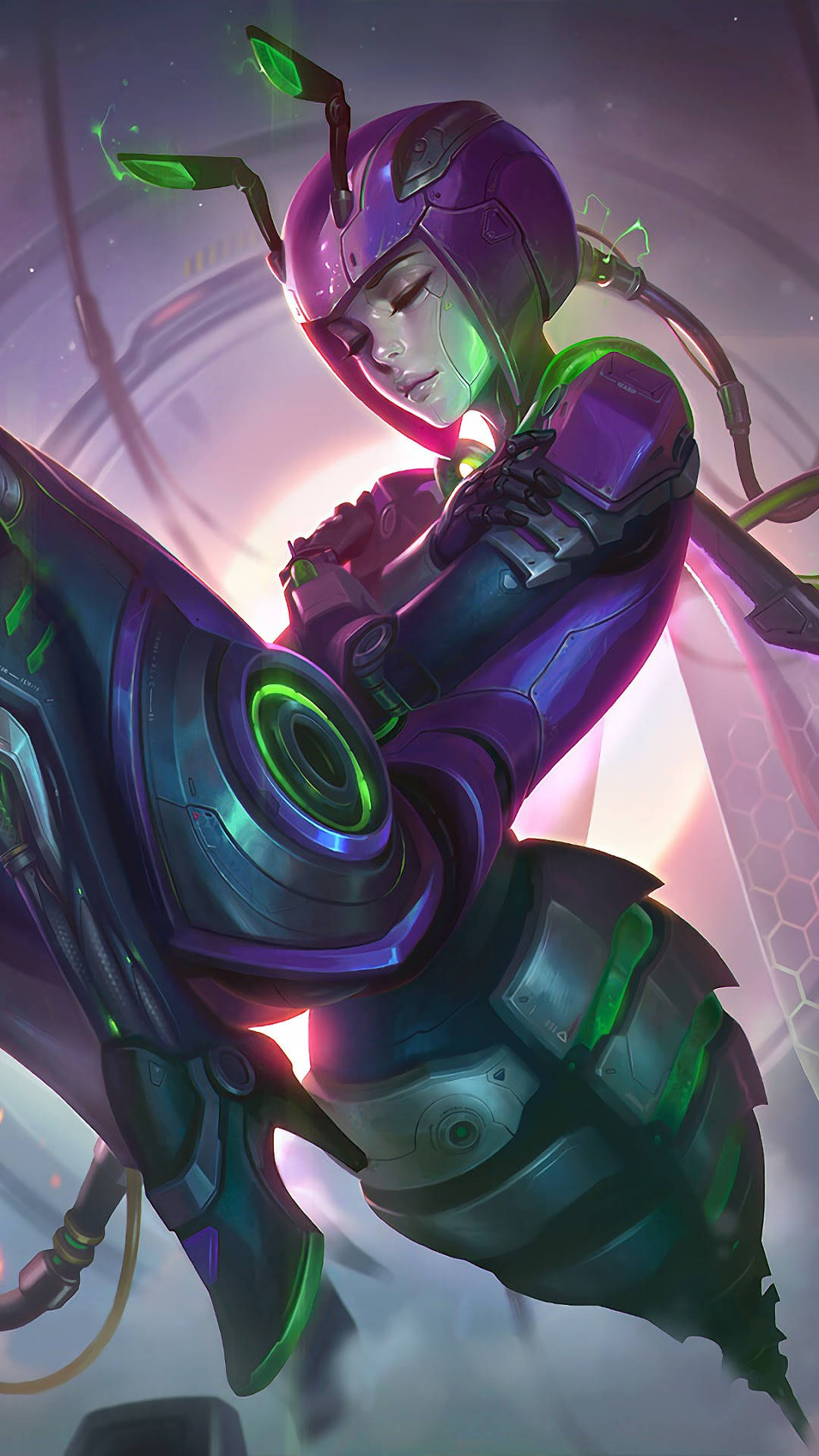 Mobile Legends 桌布 壁紙 — 一個身穿紫色和綠色盔甲、帶有發光裝飾的未來戰士，站在發光的六邊形背景前。
