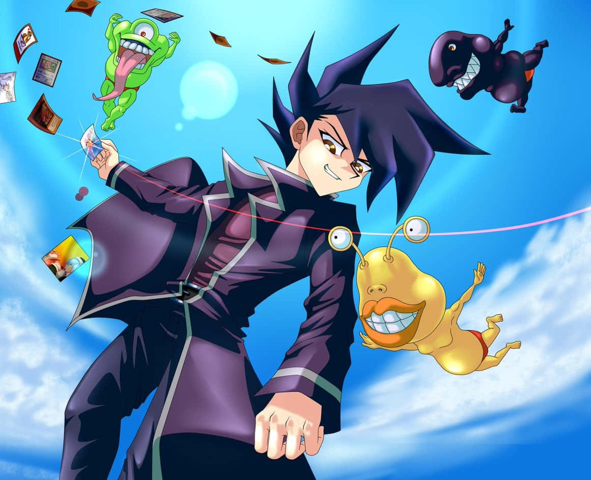 Chazz Princeton 桌布 壁紙 — 一個身穿紫色外套、意志堅定的動畫男孩在明亮的藍天下與漂浮的卡通怪物戰鬥。