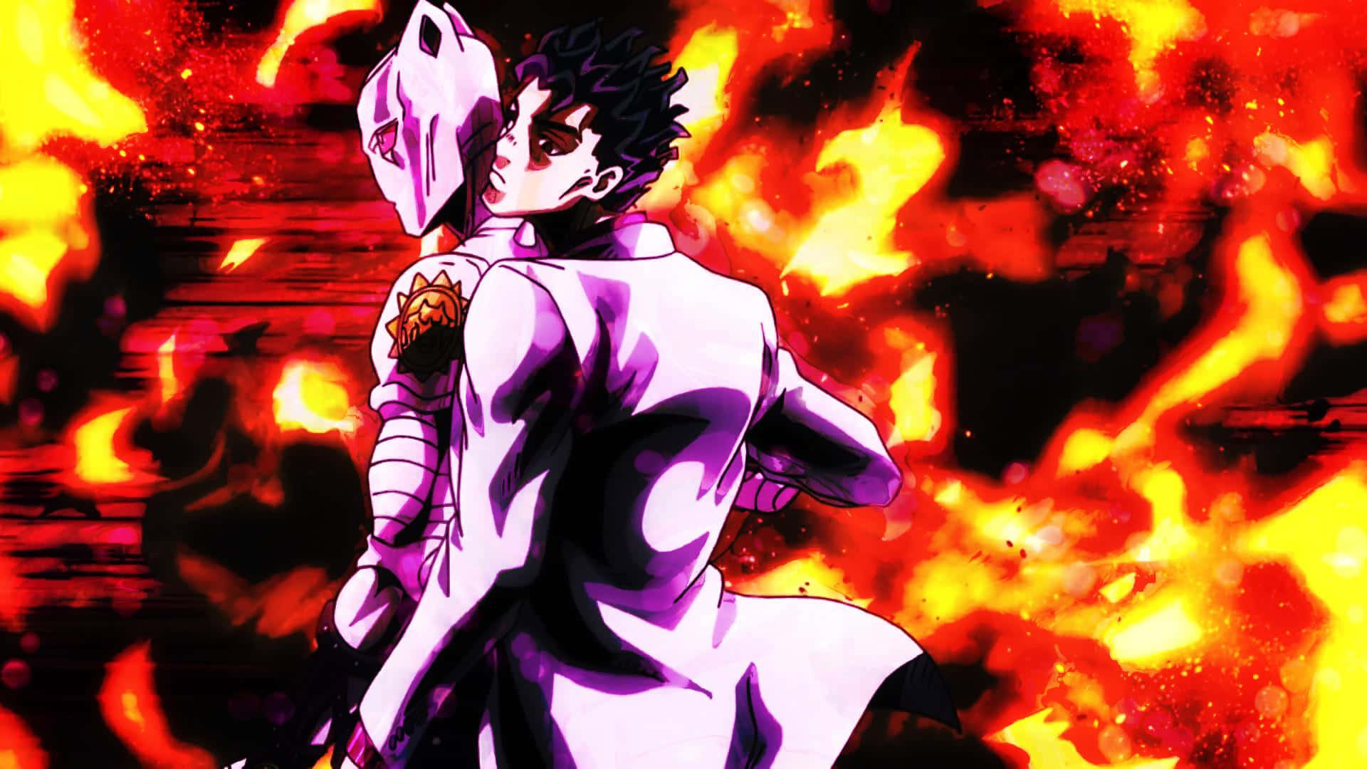 Kira Yoshikage 桌布 壁紙 — 一個身穿紫色服裝、戴著白色面具的動漫角色，挑釁地站在咆哮的火焰背景前。