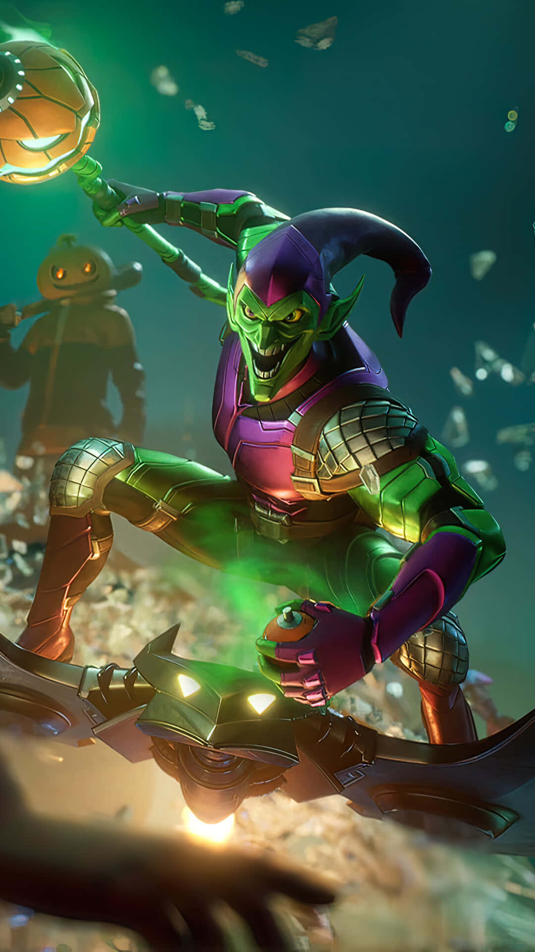 Norman Osborn 桌布 壁紙 — 一個身穿紫色盔甲、綠色皮膚的可怕小丑，在深藍綠色環境中揮舞著發光的南瓜頭武器，周圍漂浮著碎片。