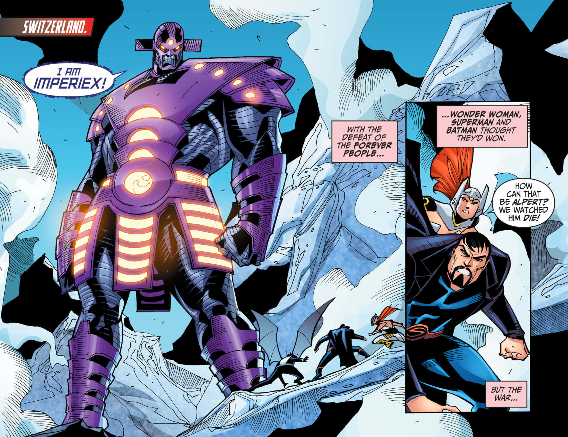 Justice League Gods And Monsters 桌布 壁紙 — 一個身穿紫色盔甲、高聳的Imperiex站在破碎的冰塊中，神奇女俠和蝙蝠俠震驚地作出反應。