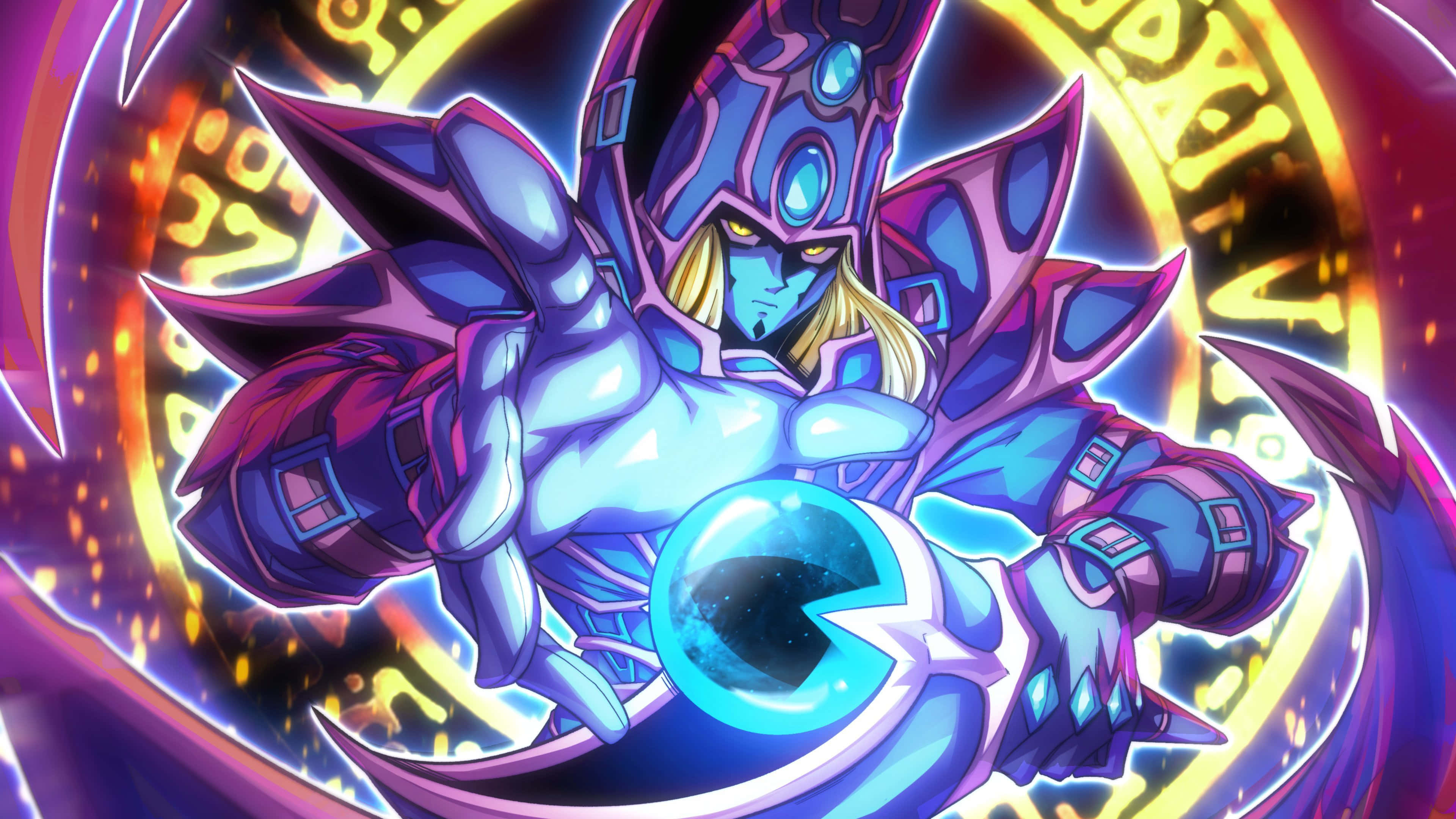 Yugioh Dark Magician 桌布 壁紙 — 一個身穿紫色盔甲的強大動漫角色，正從一個球體引導發光的藍色能量，對抗一個金色的神秘圓環。