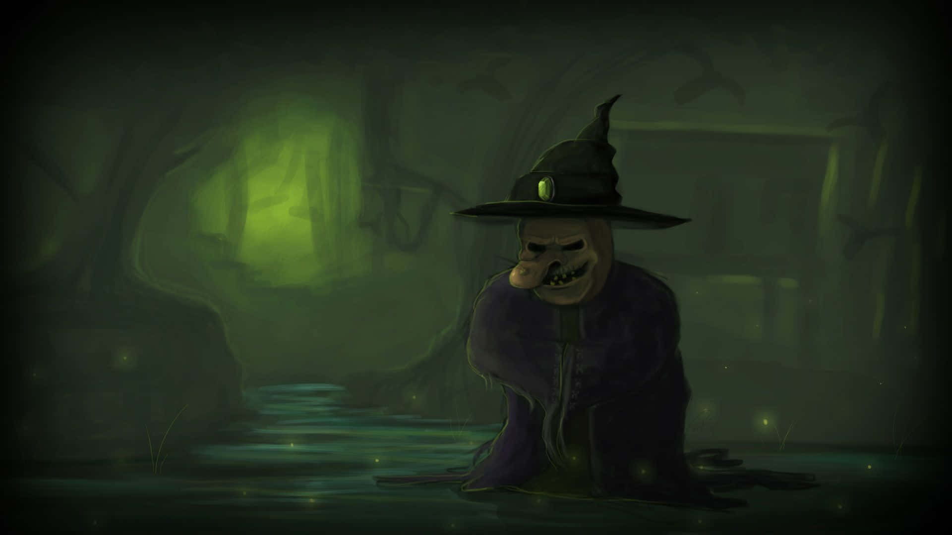 Minecraft Witch 桌布 壁紙 — 一個身穿紫色長袍和尖帽的骷髏女巫，坐在黑暗森林中發光的綠色燈光下的渾濁綠色水中。