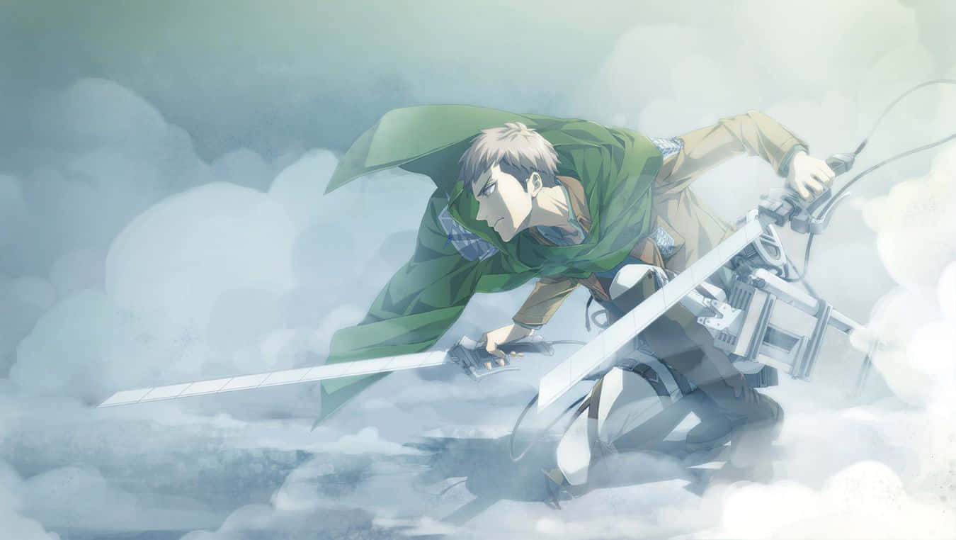 Jean Kirstein 桌布 壁紙 — 一個身穿綠色斗篷和裝備的堅定動漫士兵，揮舞著劍穿過迷霧雲層。