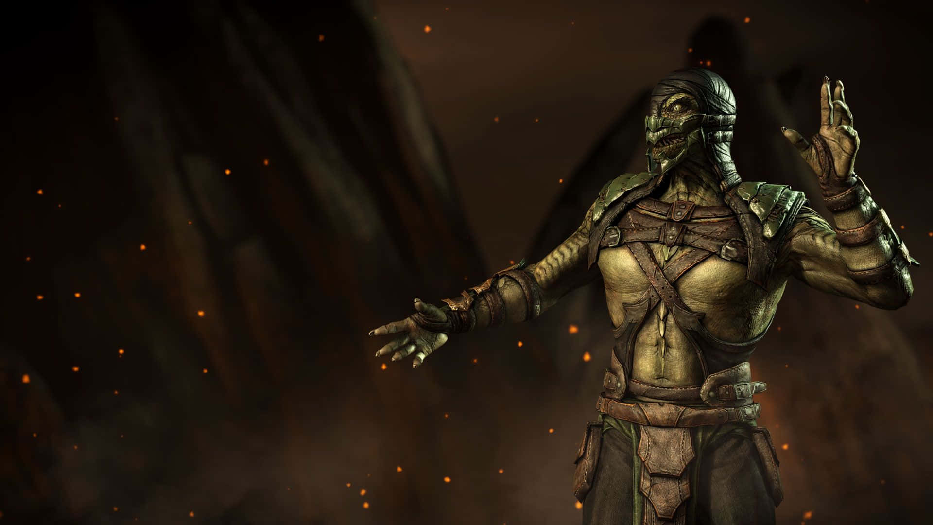 Mortal Kombat Reptile 桌布 壁紙 — 一個身穿綠色盔甲、戴著面具的威嚇戰士，在黑暗煙霧繚繞的背景中，雙手張開，周圍有發光的餘燼。
