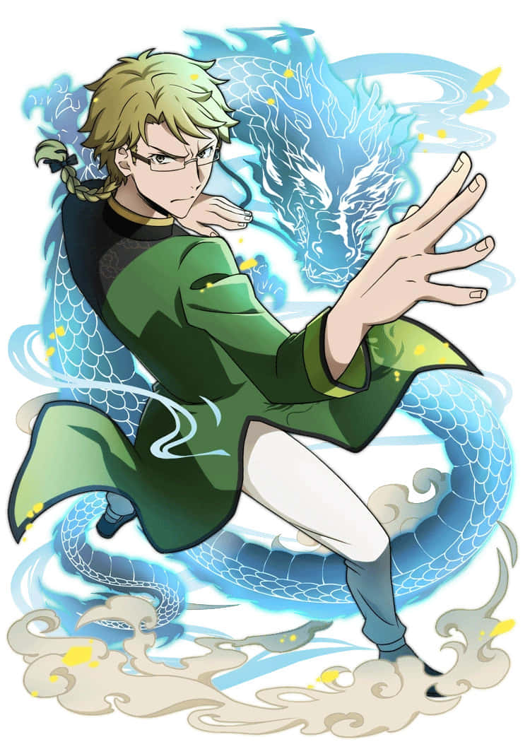 Kunikida 桌布 壁紙 — 一個身穿綠色長袍、意志堅定的動畫男孩，正在引導一條發光的藍色龍，周圍環繞著旋轉的能量和金色火花。