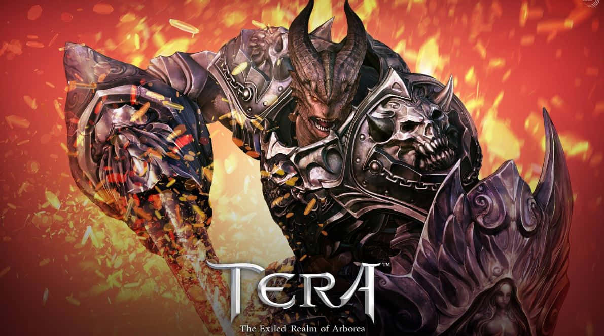 Online Gaming 桌布 壁紙 — 一個身穿華麗暗色鎧甲的惡魔戰士，在熾熱的橙紅色背景前揮舞著一把巨大的火焰劍。